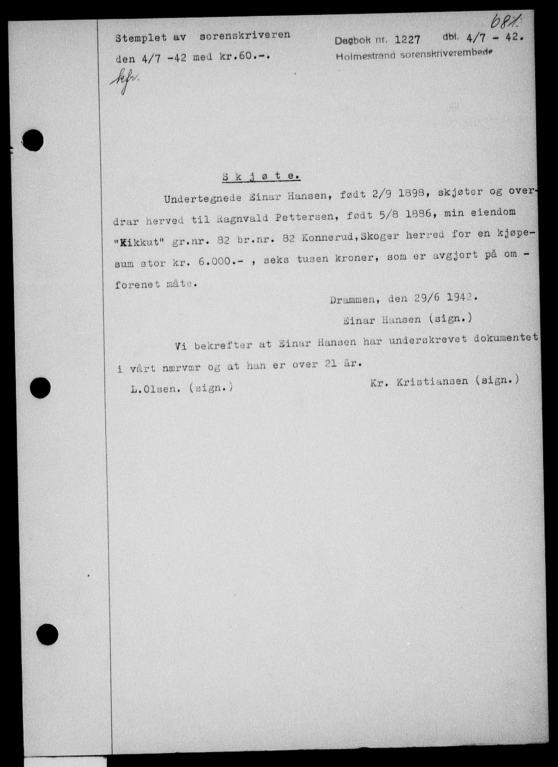 Holmestrand sorenskriveri, SAKO/A-67/G/Ga/Gaa/L0055: Pantebok nr. A-55, 1942-1942, Dagboknr: 1227/1942