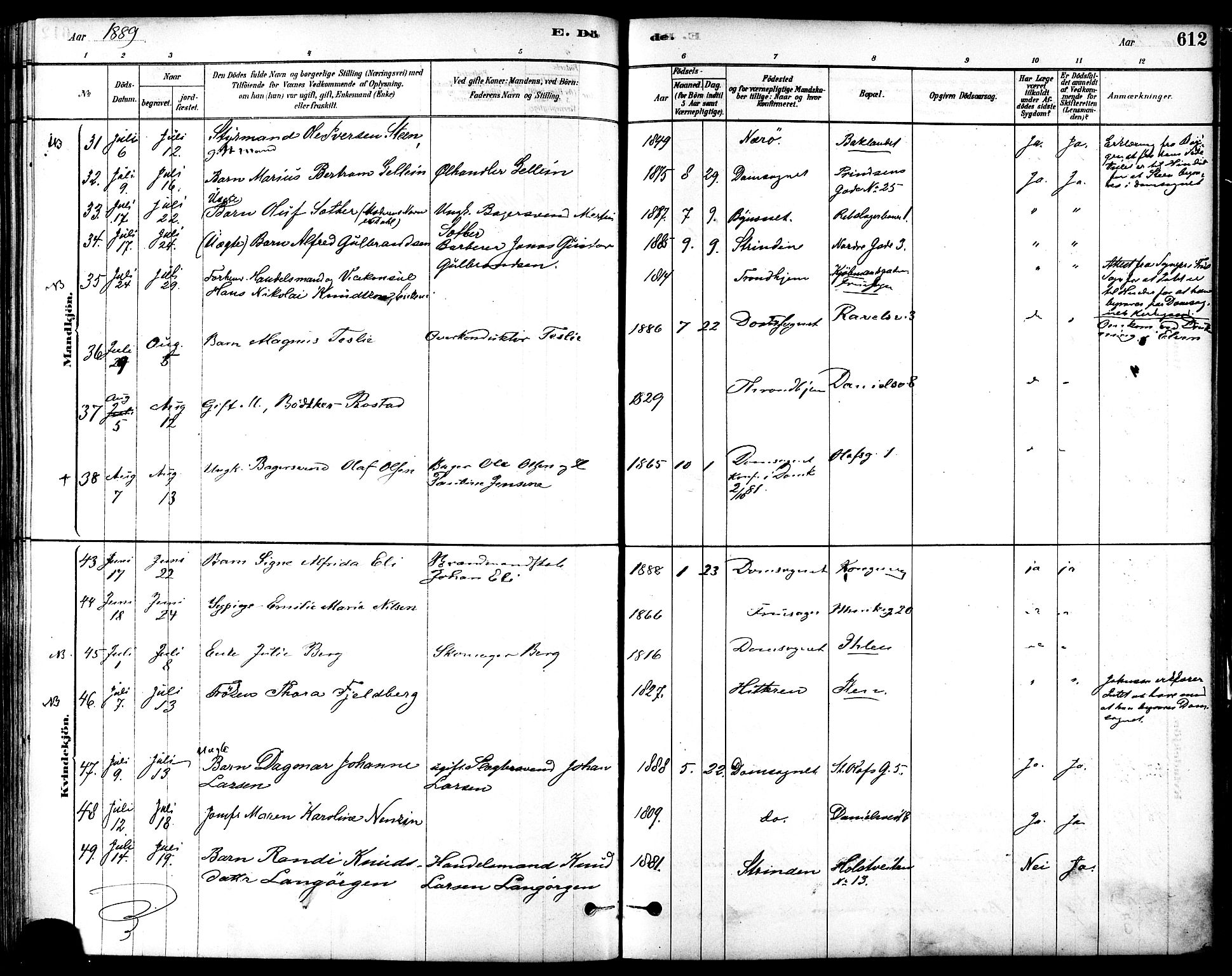 Ministerialprotokoller, klokkerbøker og fødselsregistre - Sør-Trøndelag, AV/SAT-A-1456/601/L0058: Ministerialbok nr. 601A26, 1877-1891, s. 612