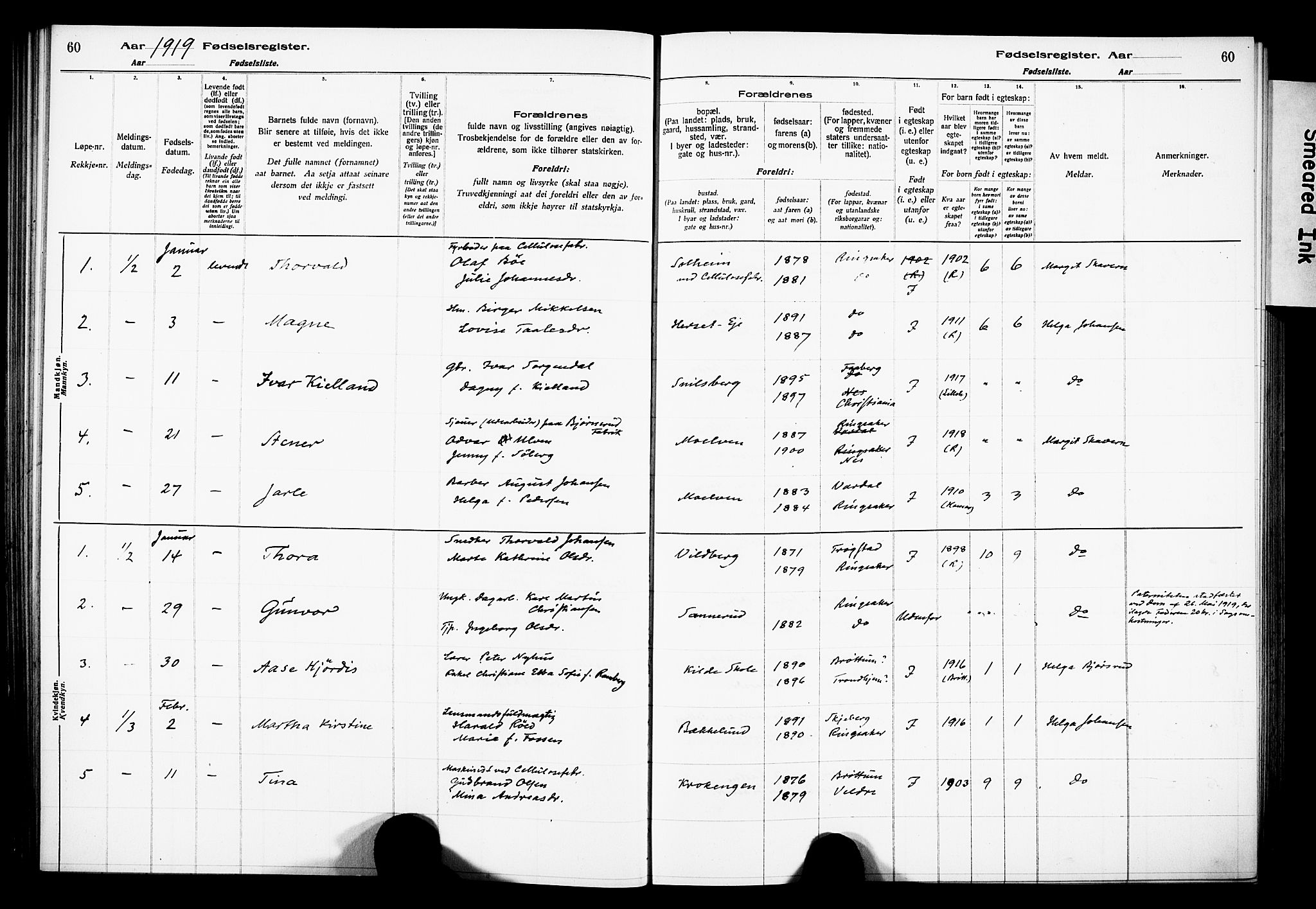 Ringsaker prestekontor, SAH/PREST-014/O/Oa/L0001: Fødselsregister nr. 1, 1916-1925, s. 60