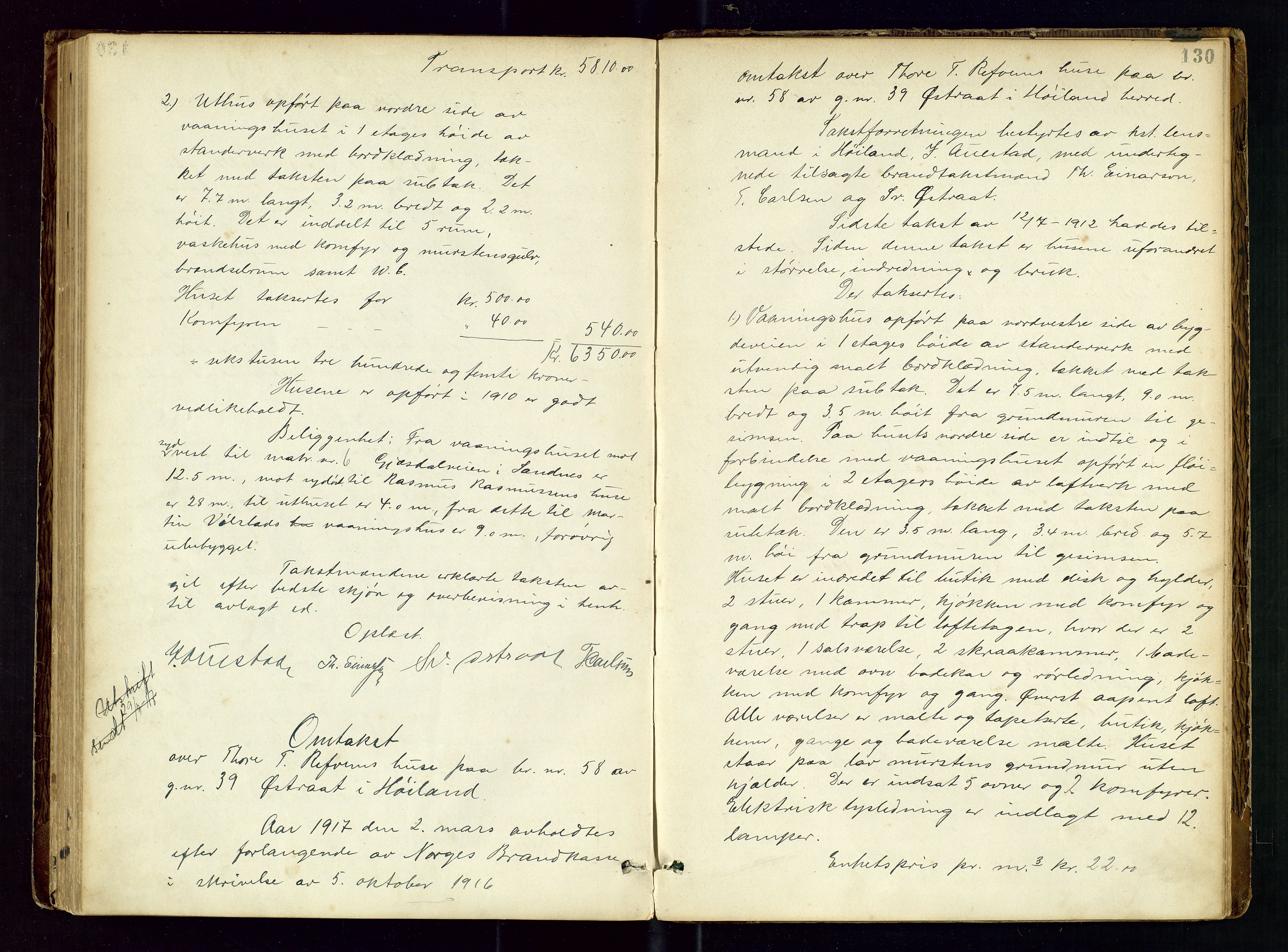 Høyland/Sandnes lensmannskontor, AV/SAST-A-100166/Goa/L0002: "Brandtaxtprotokol for Landafdelingen i Høiland", 1880-1917, s. 129b-130a