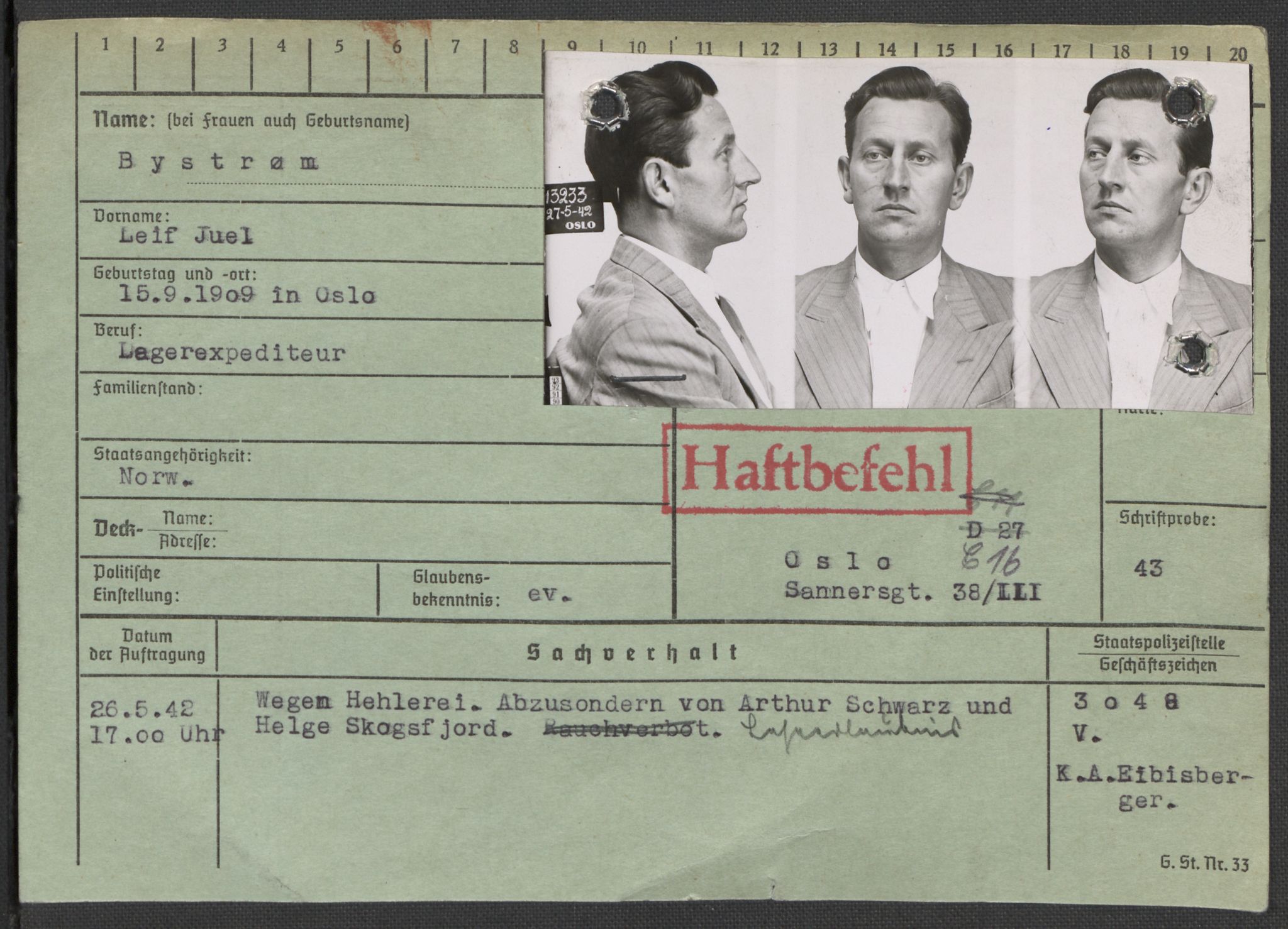 Befehlshaber der Sicherheitspolizei und des SD, AV/RA-RAFA-5969/E/Ea/Eaa/L0002: Register over norske fanger i Møllergata 19: Bj-Eng, 1940-1945, s. 561