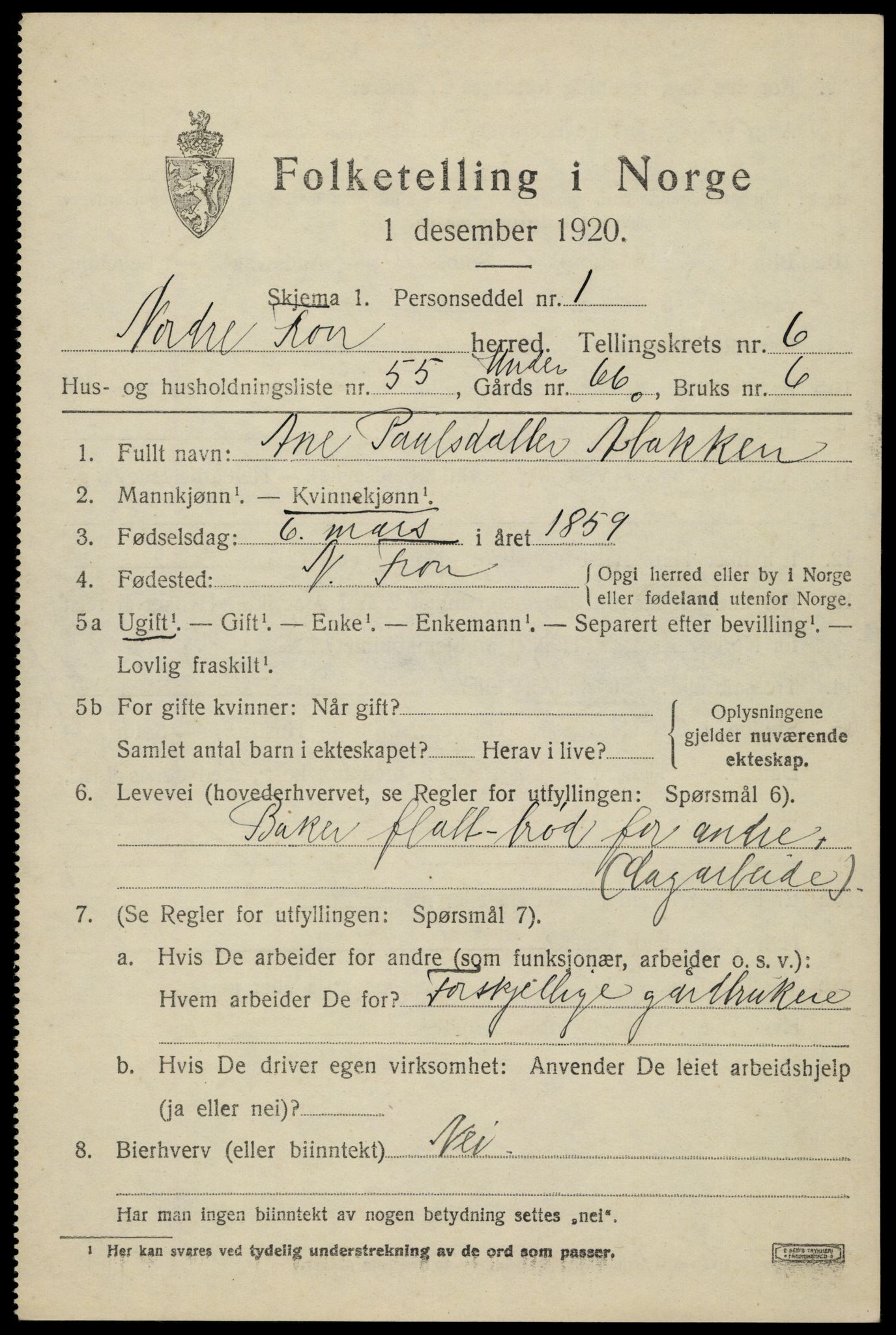 SAH, Folketelling 1920 for 0518 Nord-Fron herred, 1920, s. 5960