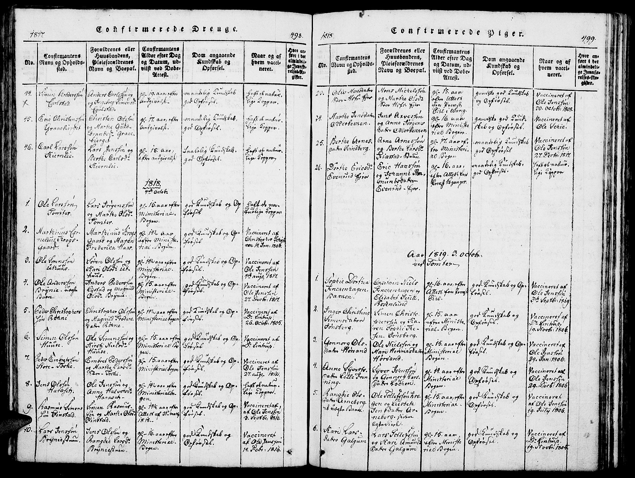 Romedal prestekontor, SAH/PREST-004/K/L0002: Ministerialbok nr. 2, 1814-1828, s. 498-499