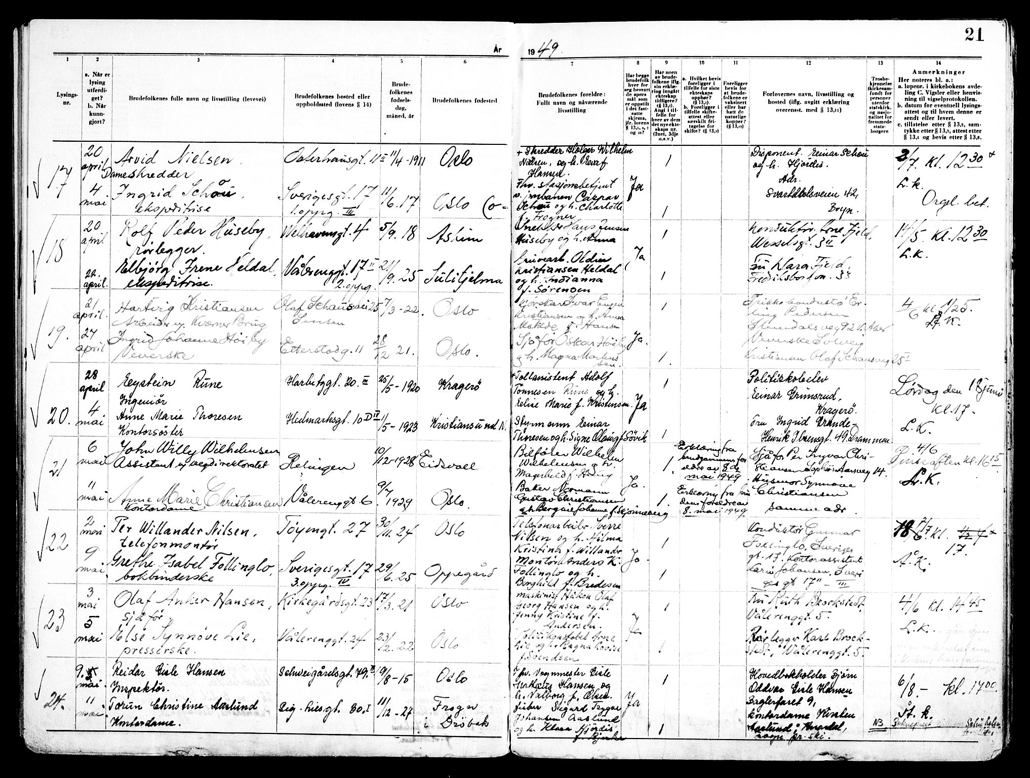 Vålerengen prestekontor Kirkebøker, AV/SAO-A-10878/H/Ha/L0005: Lysningsprotokoll nr. 5, 1947-1959, s. 21