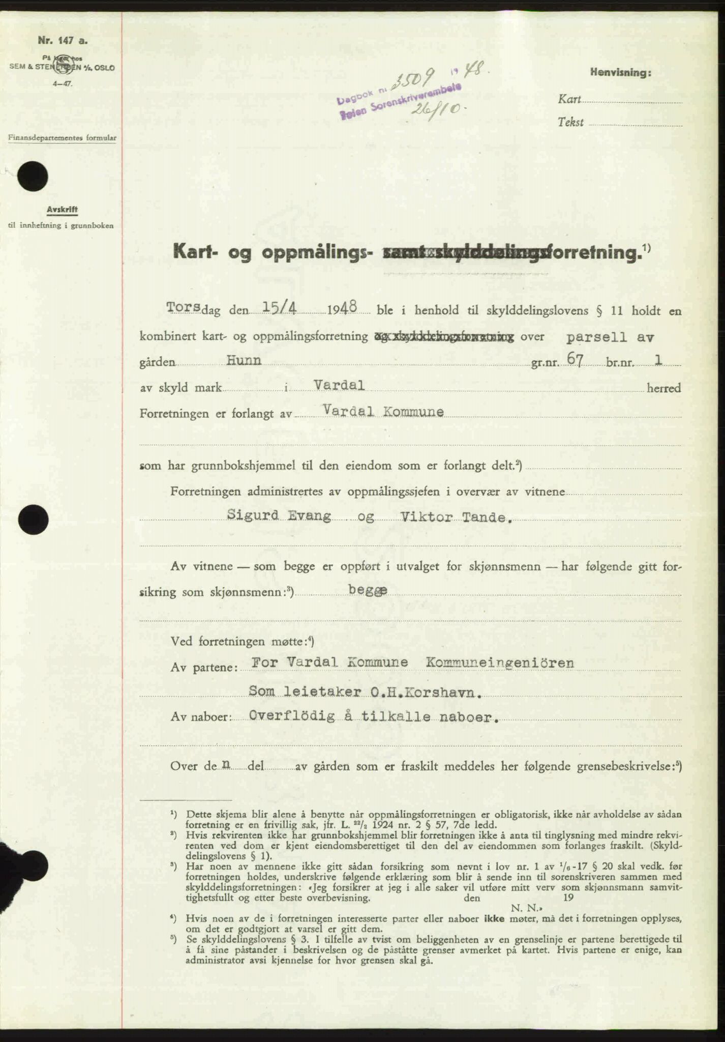 Toten tingrett, SAH/TING-006/H/Hb/Hbc/L0020: Pantebok nr. Hbc-20, 1948-1948, Dagboknr: 3509/1948