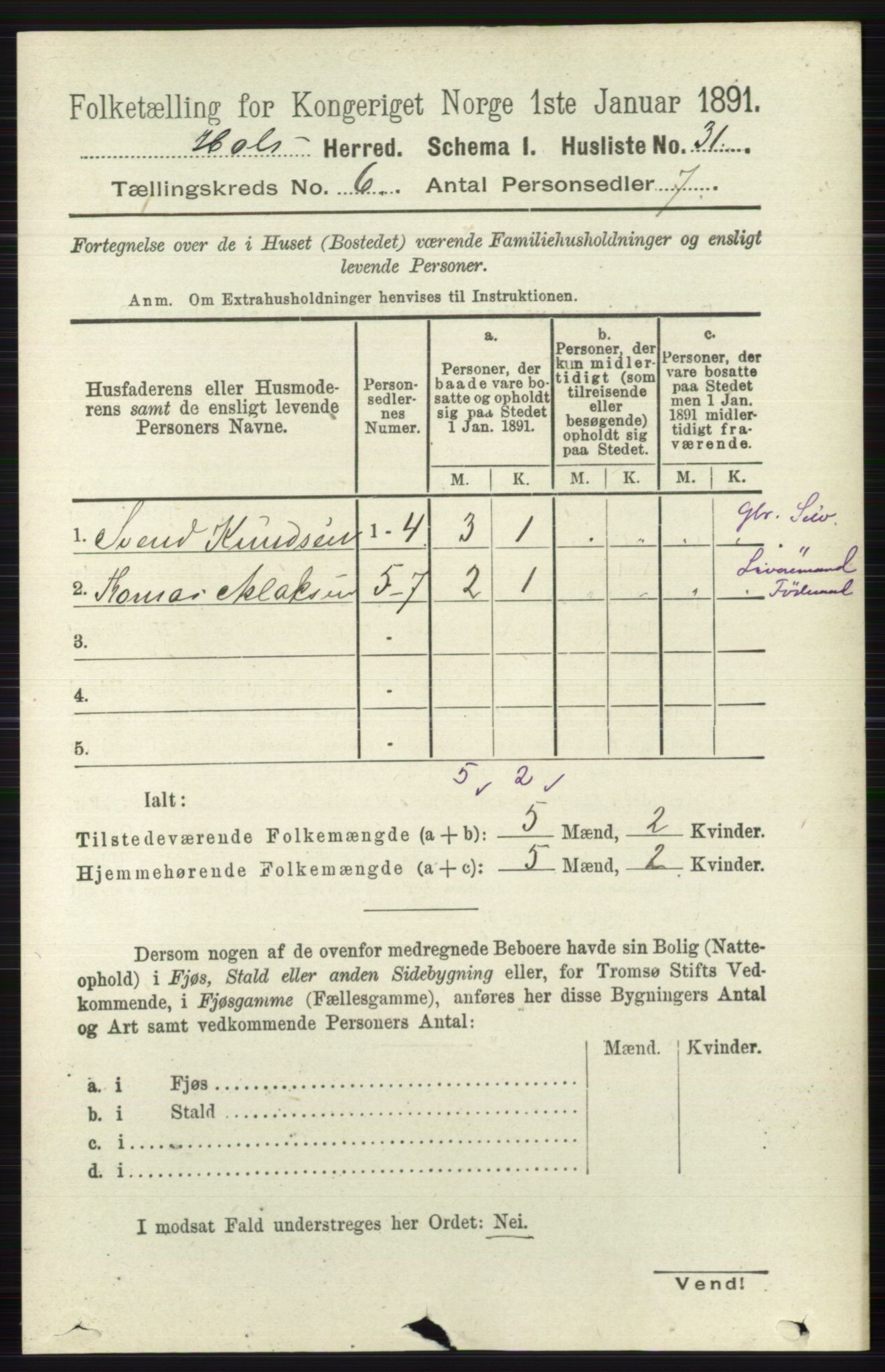 RA, Folketelling 1891 for 0620 Hol herred, 1891, s. 1742