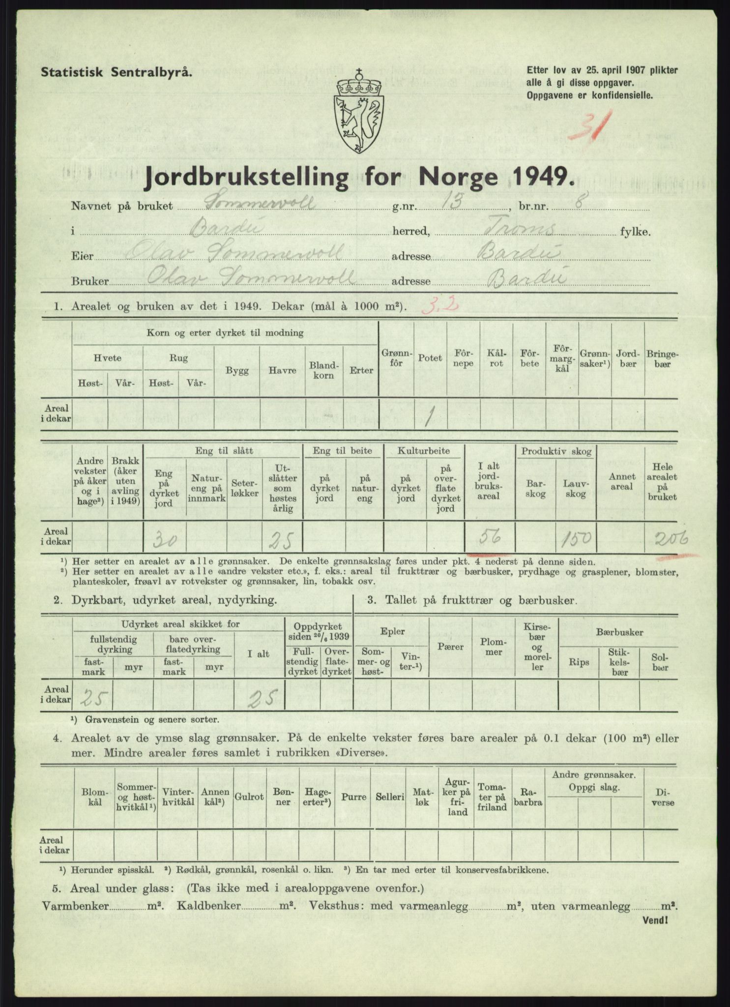 Statistisk sentralbyrå, Næringsøkonomiske emner, Jordbruk, skogbruk, jakt, fiske og fangst, AV/RA-S-2234/G/Gc/L0438: Troms: Salangen og Bardu, 1949, s. 1463