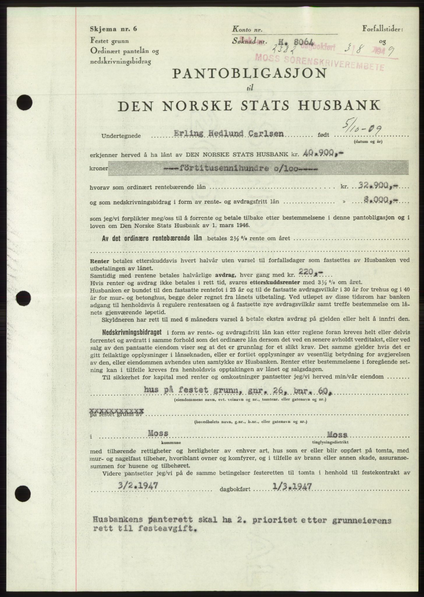 Moss sorenskriveri, SAO/A-10168: Pantebok nr. B22, 1949-1949, Dagboknr: 2382/1949