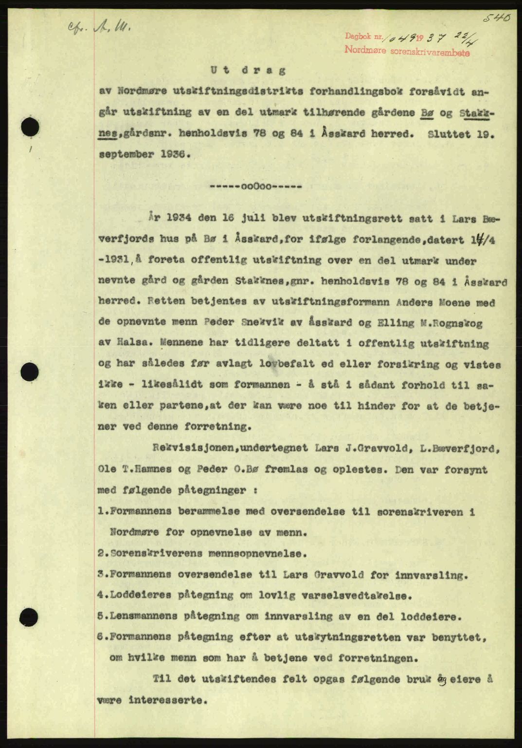 Nordmøre sorenskriveri, SAT/A-4132/1/2/2Ca: Pantebok nr. A81, 1937-1937, Dagboknr: 1049/1937