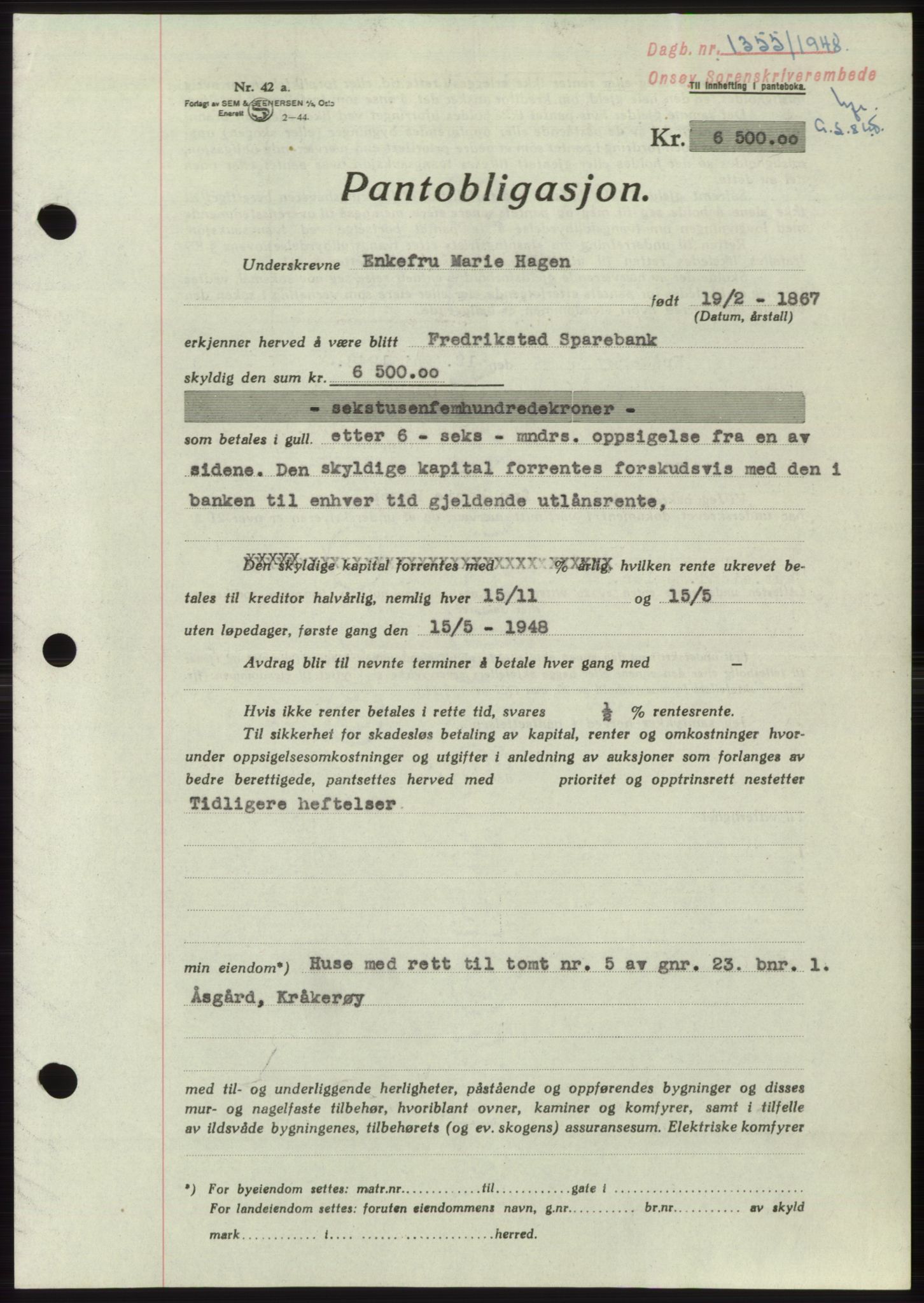 Onsøy sorenskriveri, SAO/A-10474/G/Ga/Gac/L0007: Pantebok nr. B 14-7, 1948-1948, Dagboknr: 1355/1948