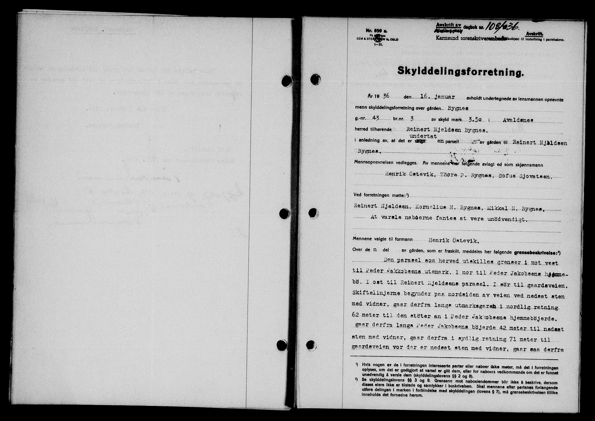 Karmsund sorenskriveri, SAST/A-100311/01/II/IIB/L0066: Pantebok nr. 47A, 1936-1936, Dagboknr: 108/1936