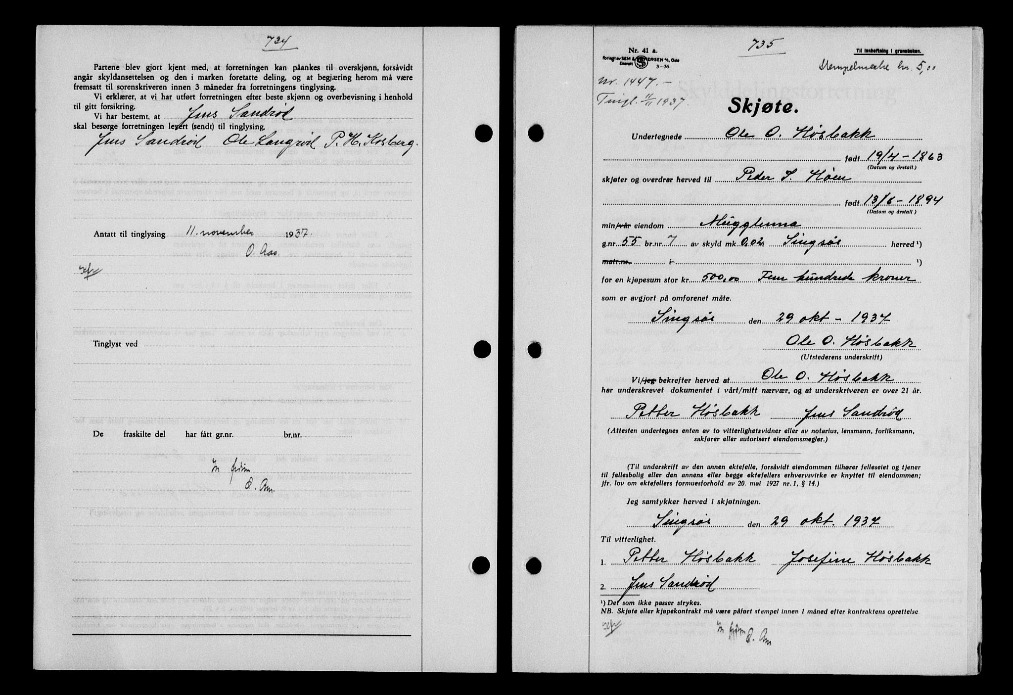Gauldal sorenskriveri, SAT/A-0014/1/2/2C/L0048: Pantebok nr. 51-52, 1937-1938, s. 734-735, Dagboknr: 1447/1937