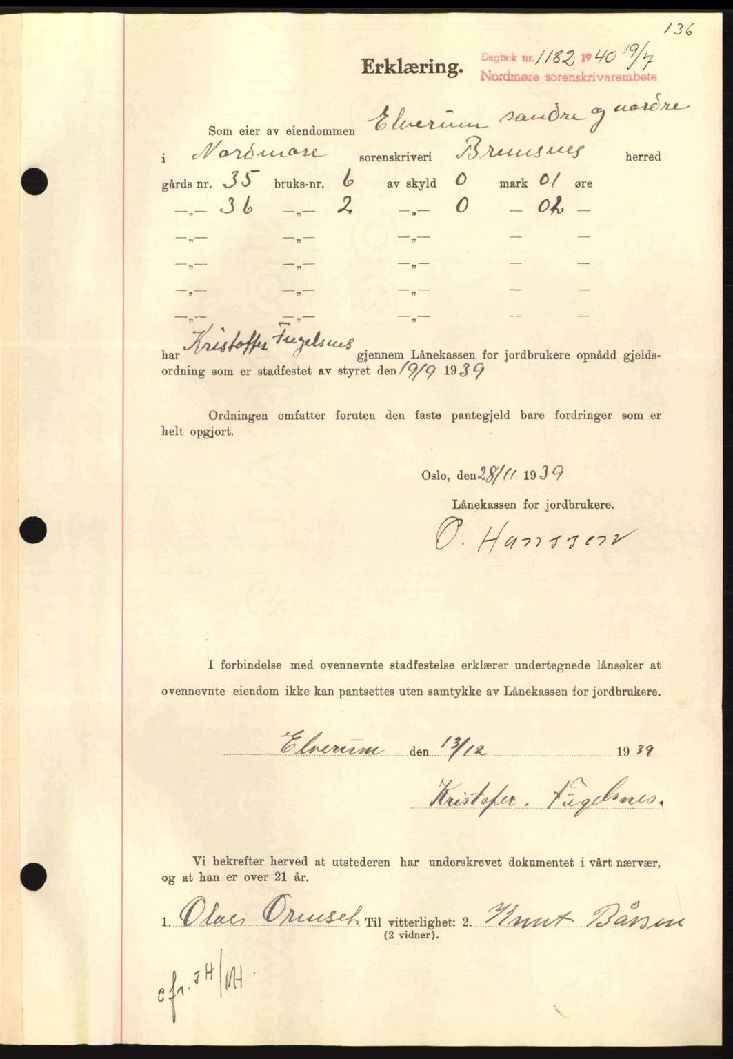 Nordmøre sorenskriveri, AV/SAT-A-4132/1/2/2Ca: Pantebok nr. B87, 1940-1941, Dagboknr: 1182/1940