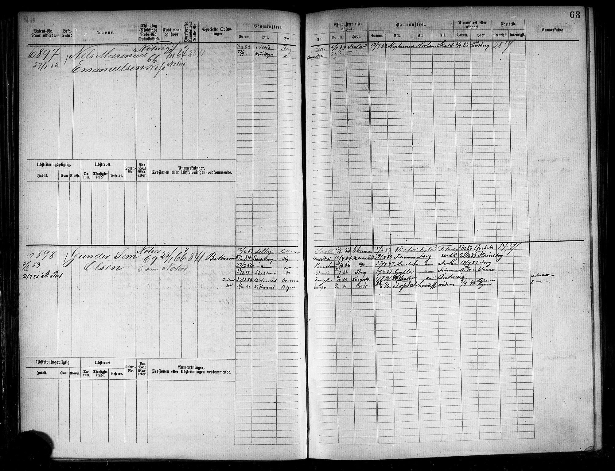 Tønsberg innrulleringskontor, SAKO/A-786/F/Fc/Fcb/L0007: Hovedrulle Patent nr. 6761-7906, 1882-1889, s. 72