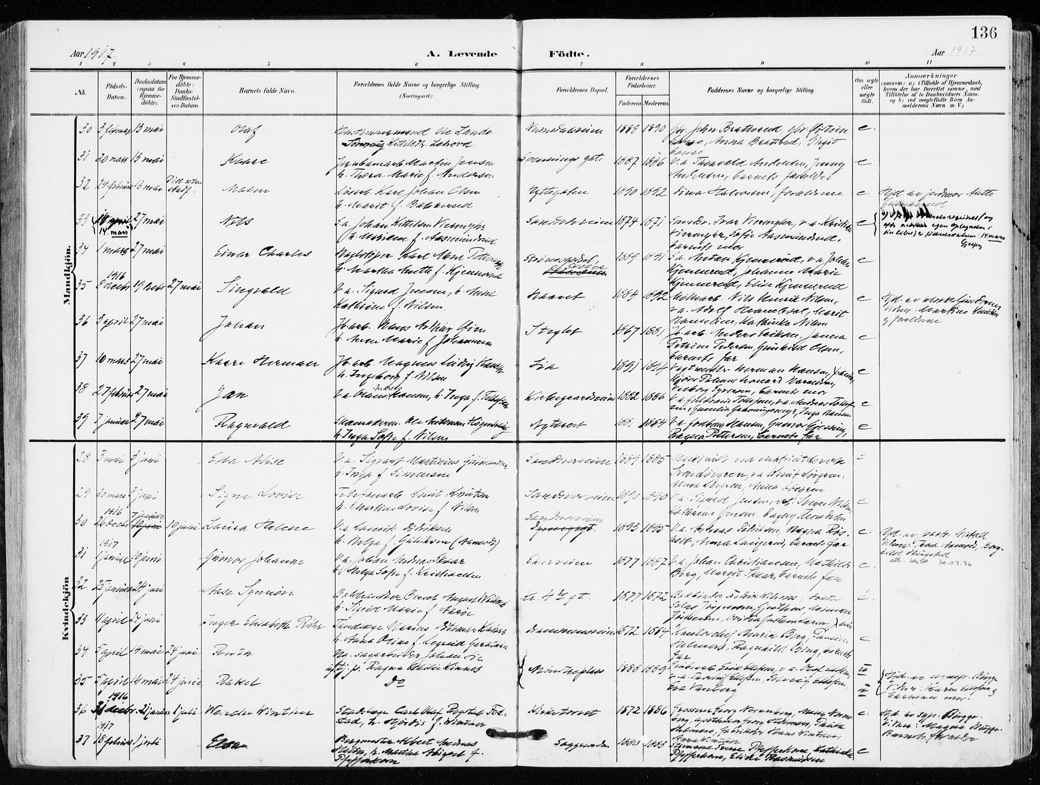Kongsberg kirkebøker, AV/SAKO-A-22/F/Fb/L0004: Ministerialbok nr. II 4, 1906-1918, s. 136