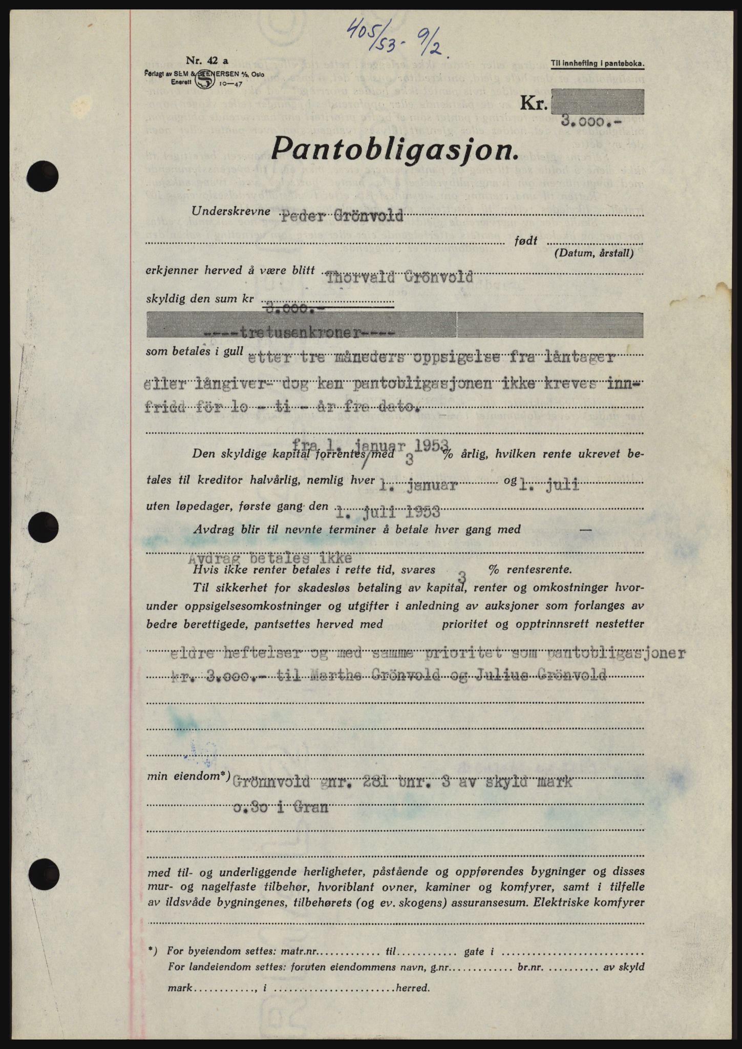 Hadeland og Land tingrett, SAH/TING-010/H/Hb/Hbc/L0026: Pantebok nr. B26, 1953-1953, Dagboknr: 405/1953