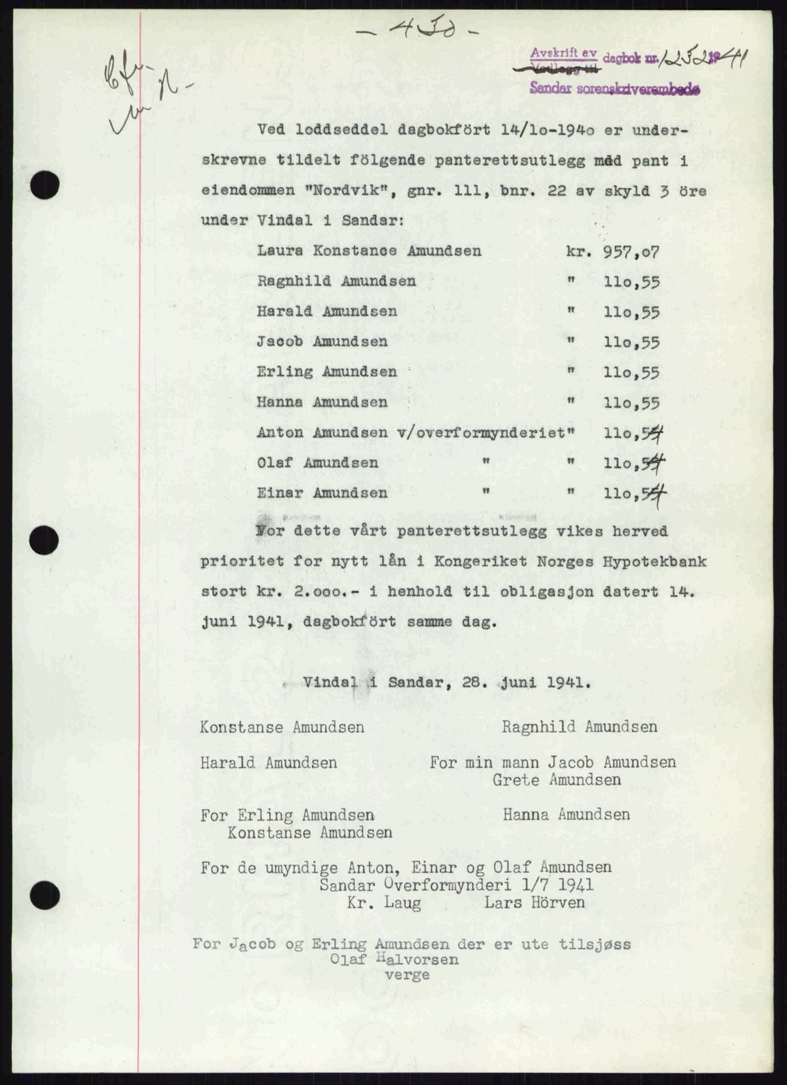 Sandar sorenskriveri, SAKO/A-86/G/Ga/Gab/L0001: Pantebok nr. B-1 og B-3 - B-9, 1936-1944, Dagboknr: 1232/1941