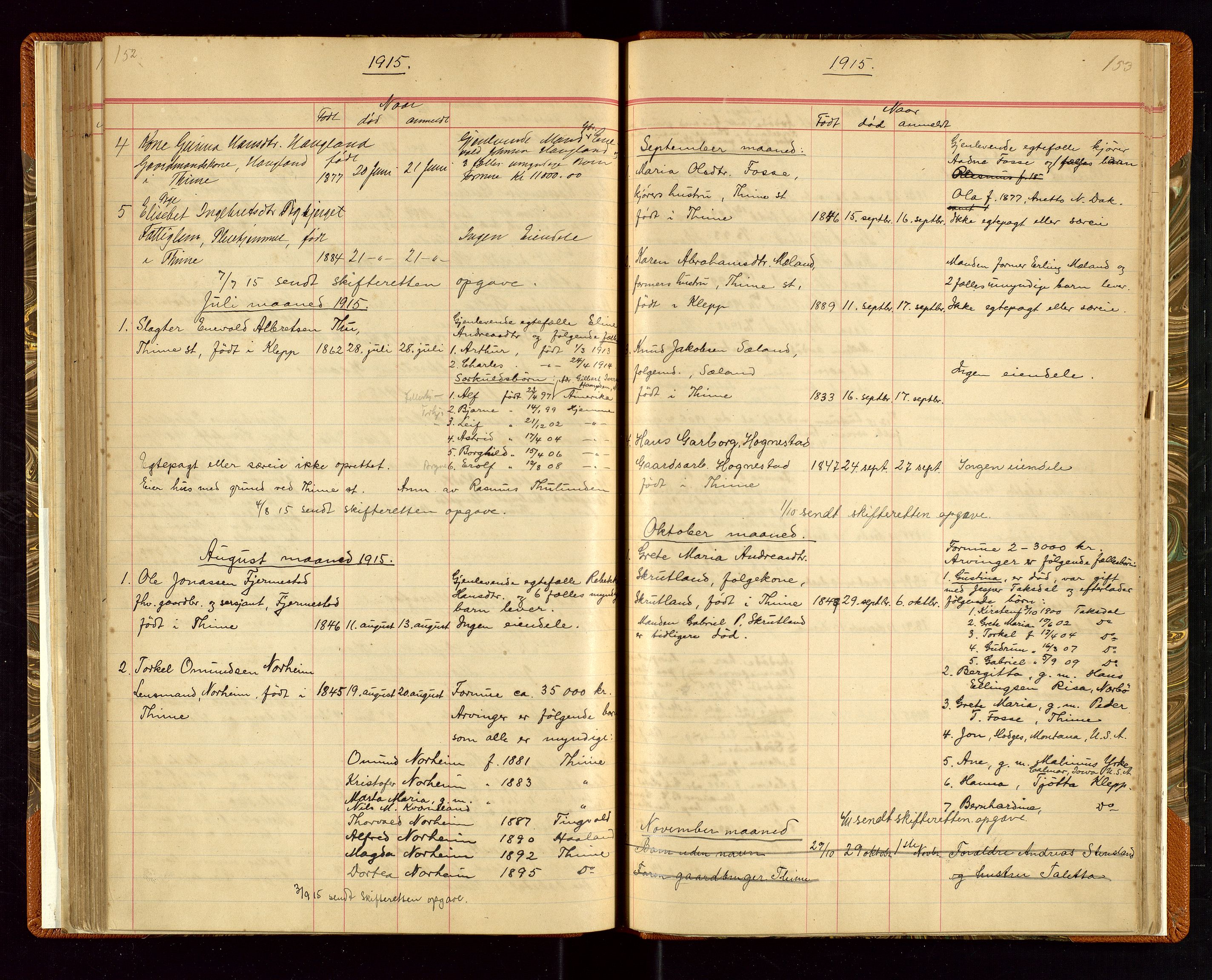 Time lensmannskontor, AV/SAST-A-100420/Gga/L0001: Dødsfallprotokoll m/alfabetisk register, 1880-1921, s. 152-153