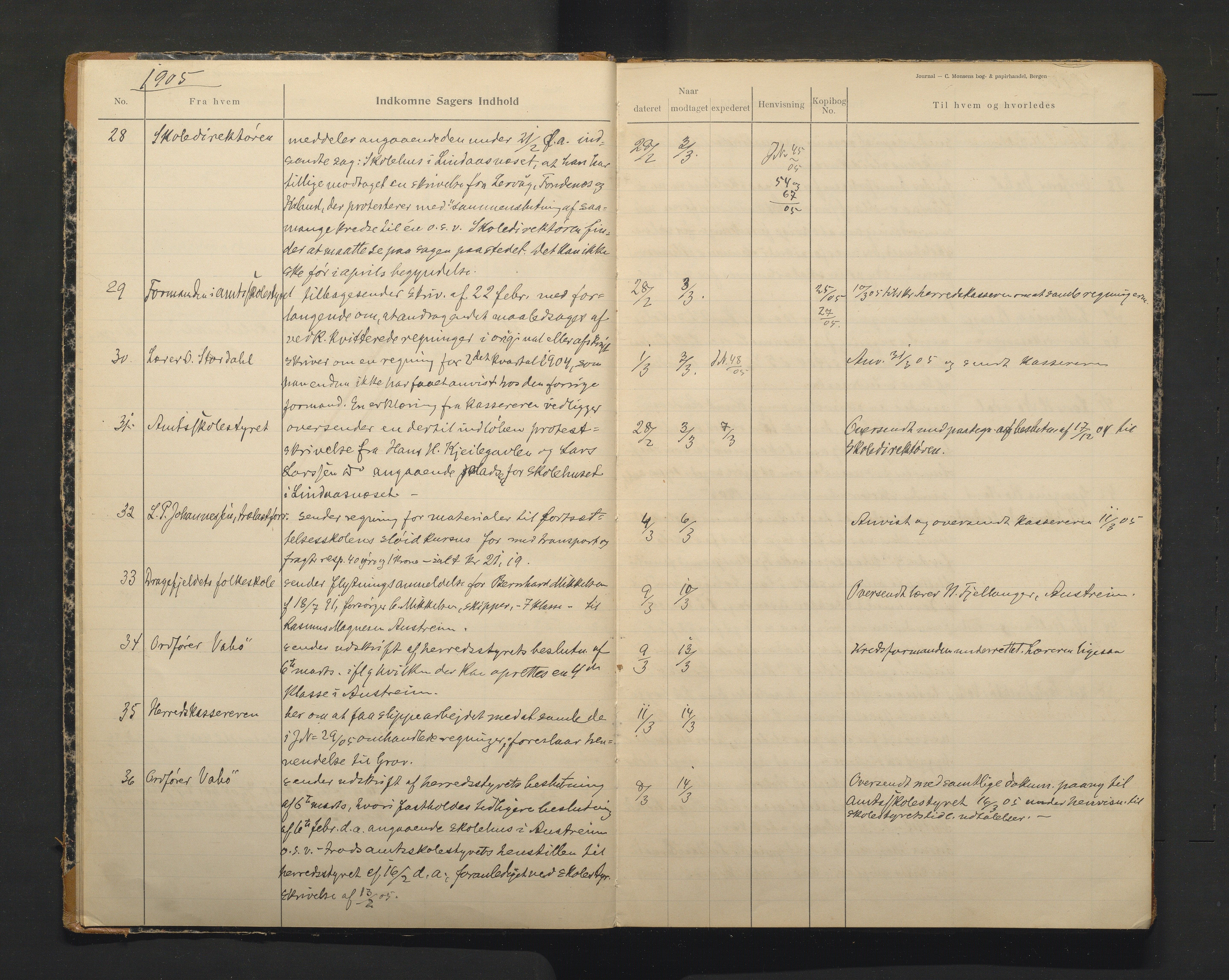 Lindås kommune. Skulestyret, IKAH/1263-211/C/Ca/L0002: Postjournal for Lindås skulestyre, 1905-1908