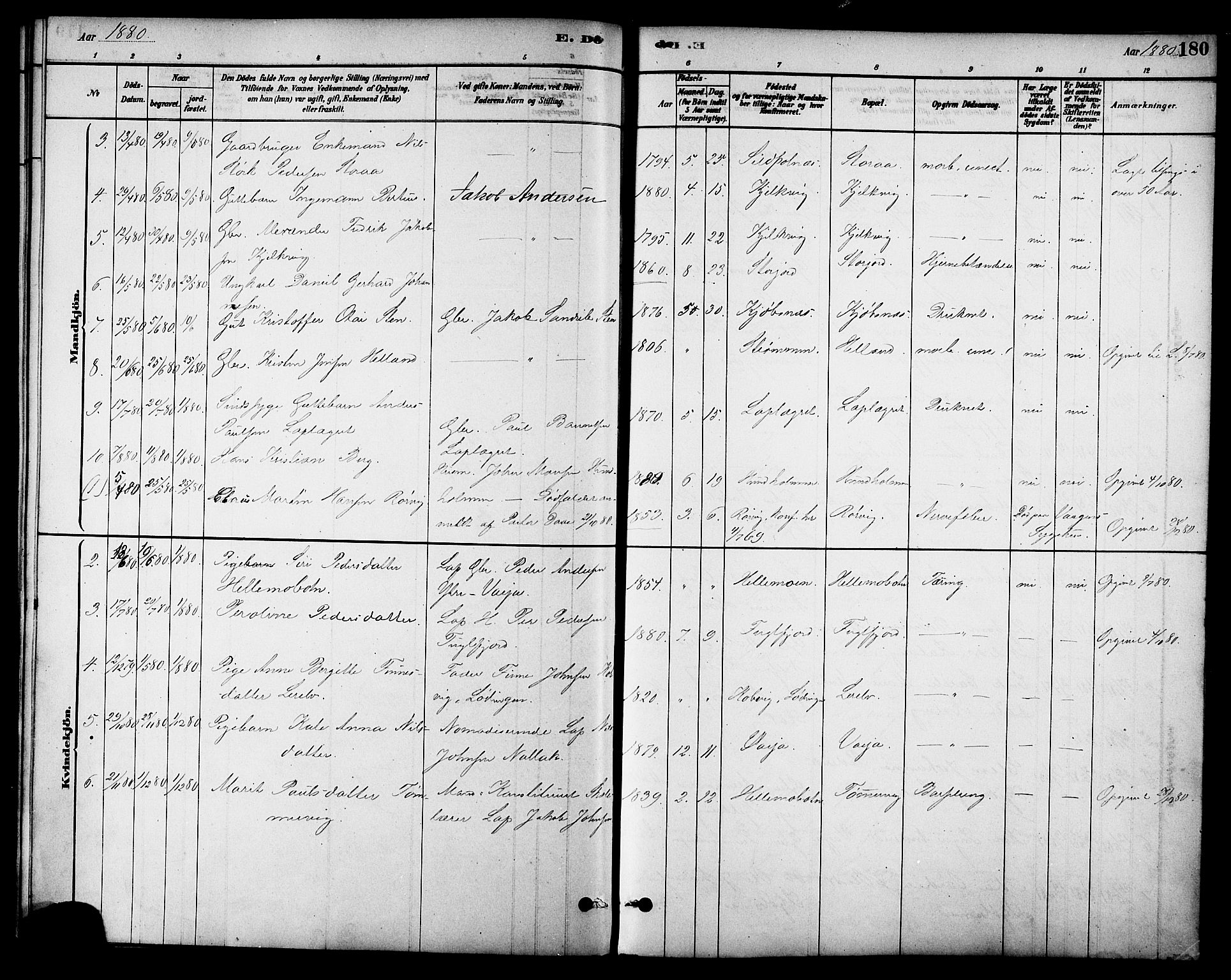 Ministerialprotokoller, klokkerbøker og fødselsregistre - Nordland, AV/SAT-A-1459/861/L0868: Ministerialbok nr. 861A03, 1879-1889, s. 180