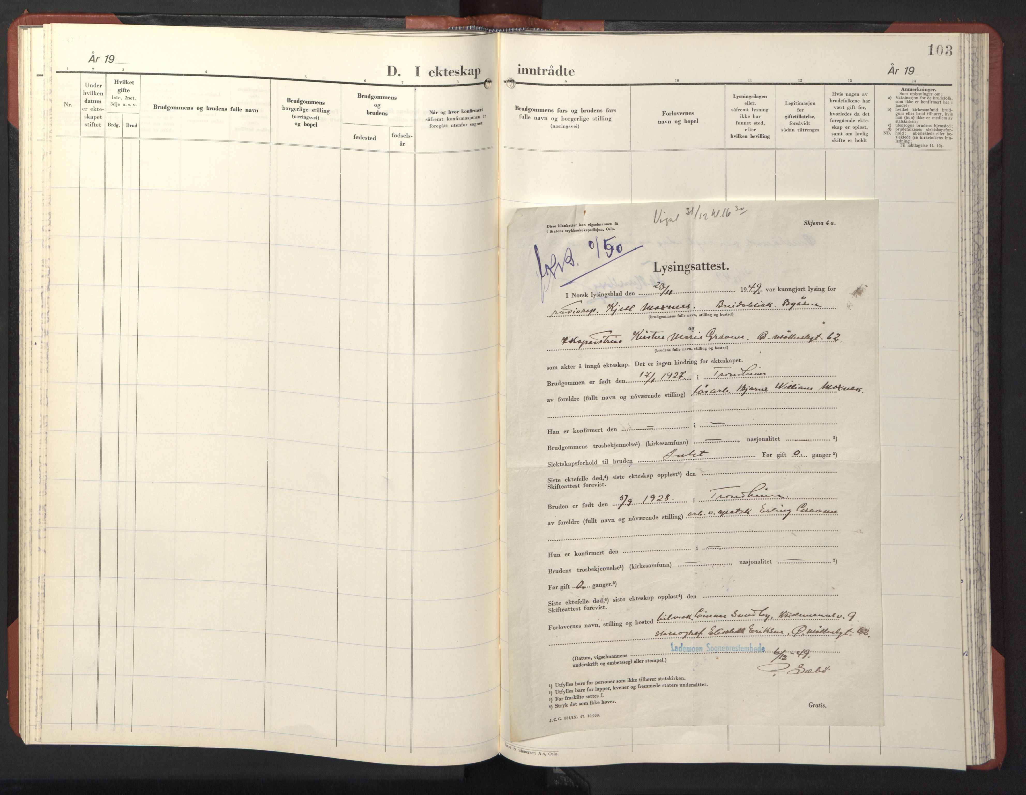 Ministerialprotokoller, klokkerbøker og fødselsregistre - Sør-Trøndelag, SAT/A-1456/611/L0359: Klokkerbok nr. 611C07, 1947-1950, s. 103