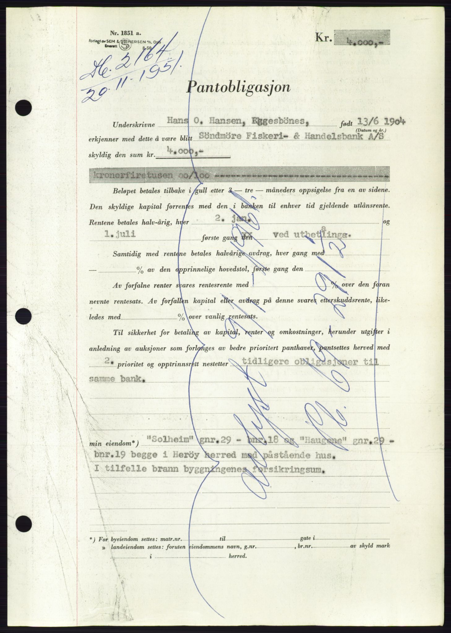 Søre Sunnmøre sorenskriveri, AV/SAT-A-4122/1/2/2C/L0120: Pantebok nr. 8B, 1951-1951, Dagboknr: 2164/1951