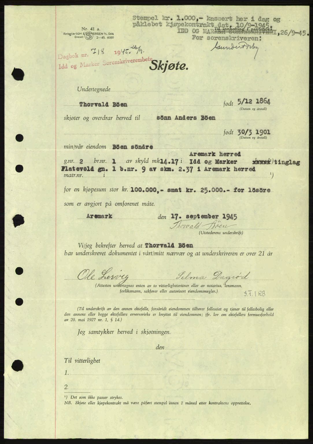 Idd og Marker sorenskriveri, AV/SAO-A-10283/G/Gb/Gbb/L0007: Pantebok nr. A7, 1944-1945, Dagboknr: 718/1945