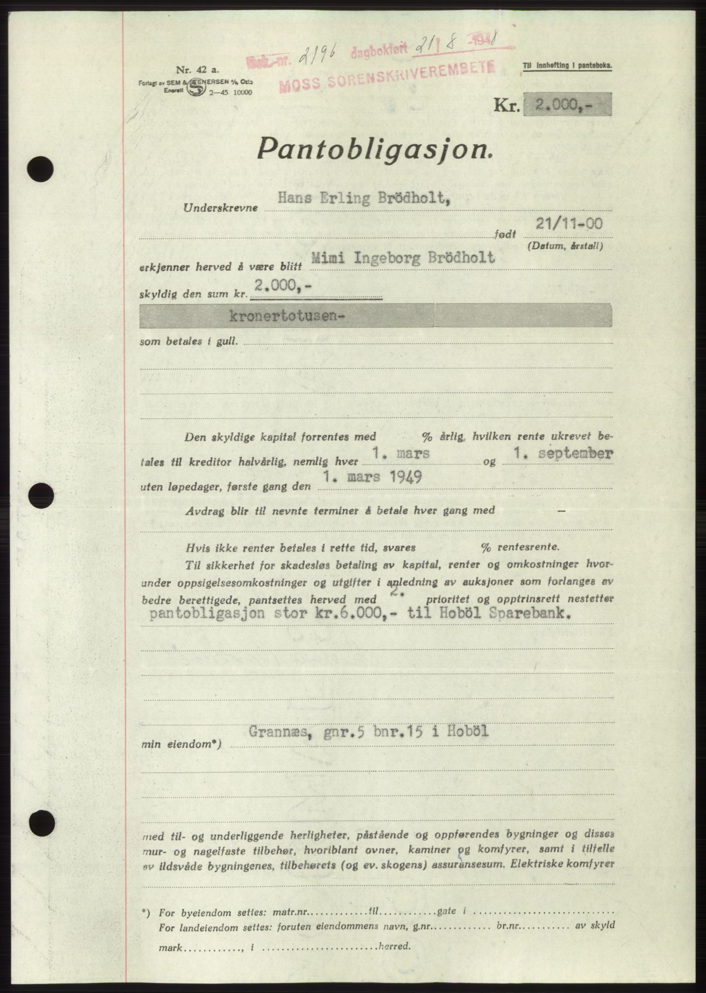 Moss sorenskriveri, AV/SAO-A-10168: Pantebok nr. B20, 1948-1948, Dagboknr: 2196/1948