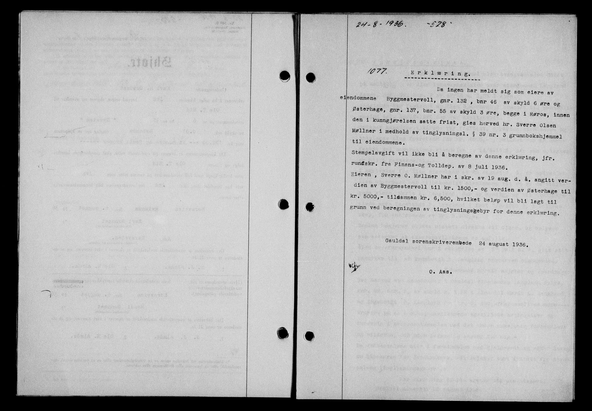 Gauldal sorenskriveri, SAT/A-0014/1/2/2C/L0046: Pantebok nr. 49-50, 1936-1937, Dagboknr: 1077/1936