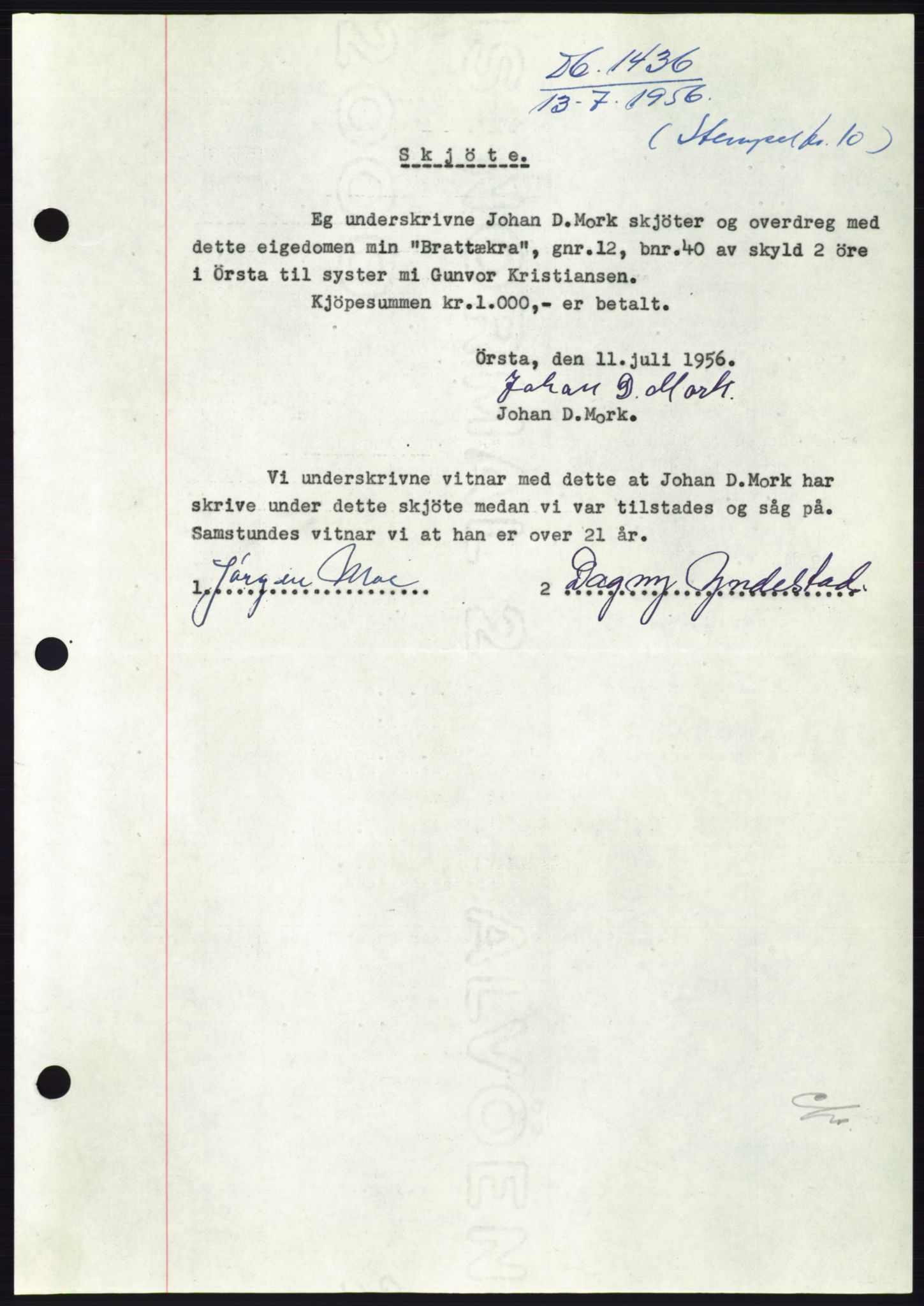 Søre Sunnmøre sorenskriveri, AV/SAT-A-4122/1/2/2C/L0104: Pantebok nr. 30A, 1956-1956, Dagboknr: 1436/1956