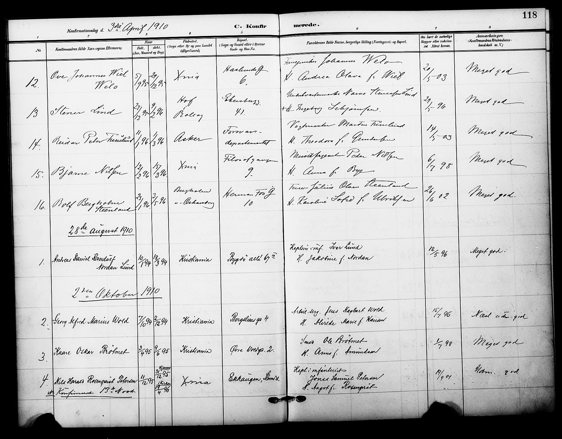 Garnisonsmenigheten Kirkebøker, AV/SAO-A-10846/F/Fa/L0014: Ministerialbok nr. 14, 1905-1914, s. 118