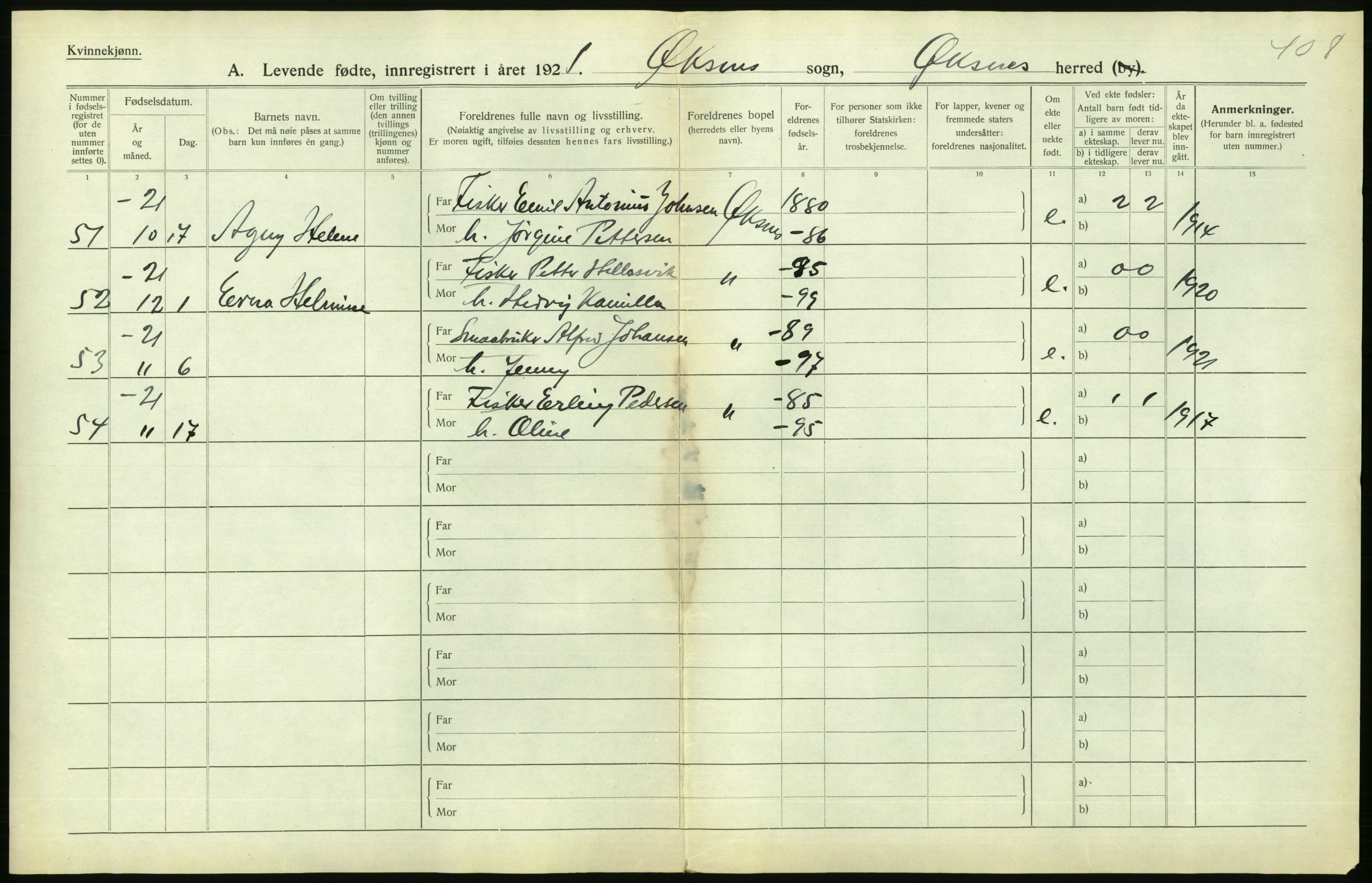 Statistisk sentralbyrå, Sosiodemografiske emner, Befolkning, AV/RA-S-2228/D/Df/Dfc/Dfca/L0049: Nordland fylke: Levendefødte menn og kvinner. Bygder., 1921, s. 416