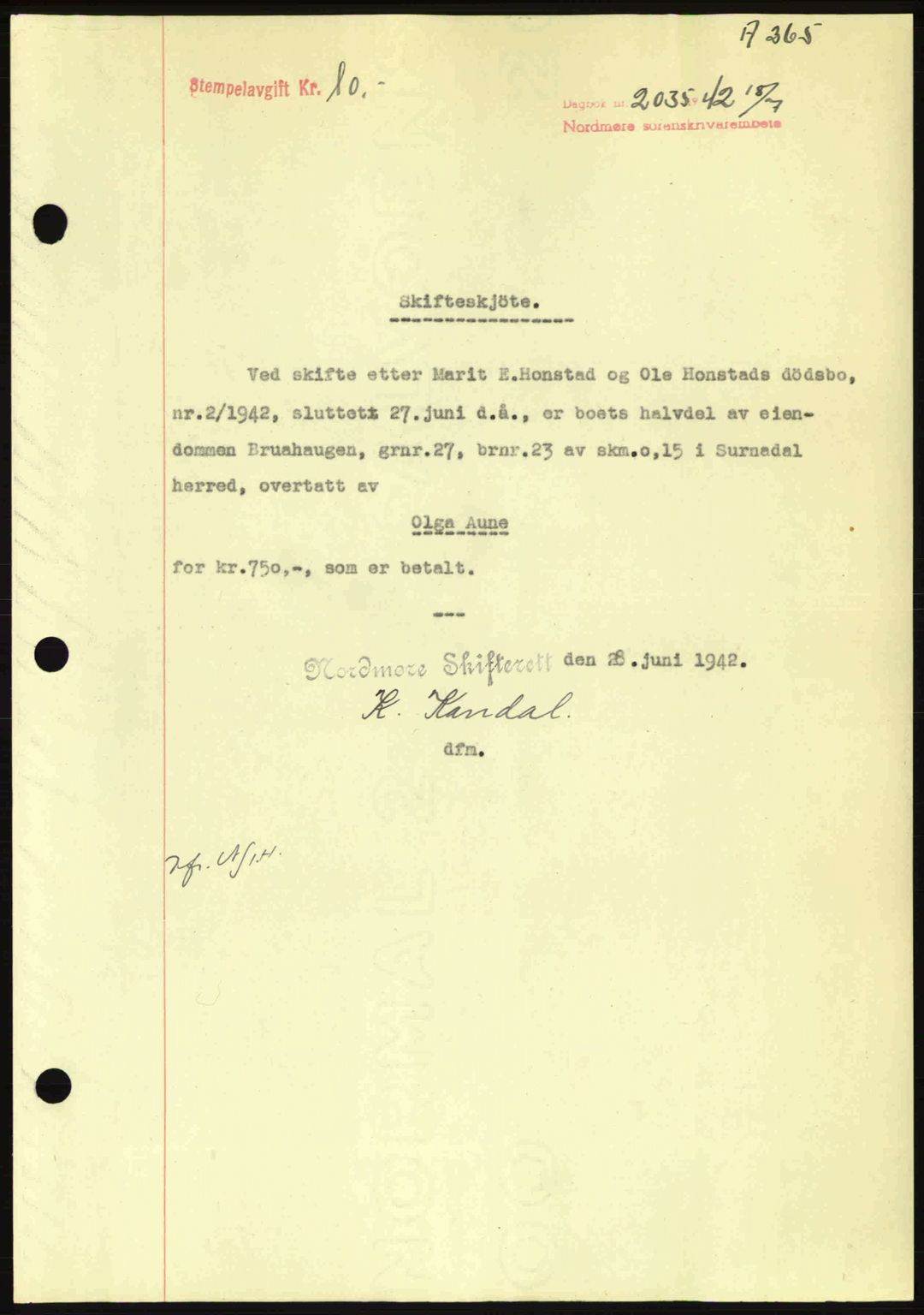 Nordmøre sorenskriveri, SAT/A-4132/1/2/2Ca: Pantebok nr. A93, 1942-1942, Dagboknr: 2035/1942