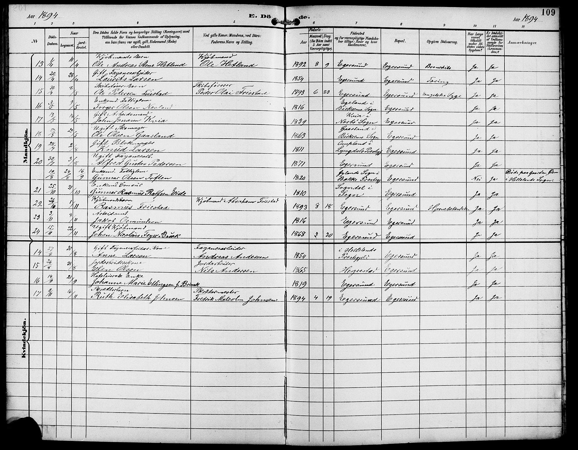 Eigersund sokneprestkontor, AV/SAST-A-101807/S09/L0010: Klokkerbok nr. B 10, 1893-1907, s. 109