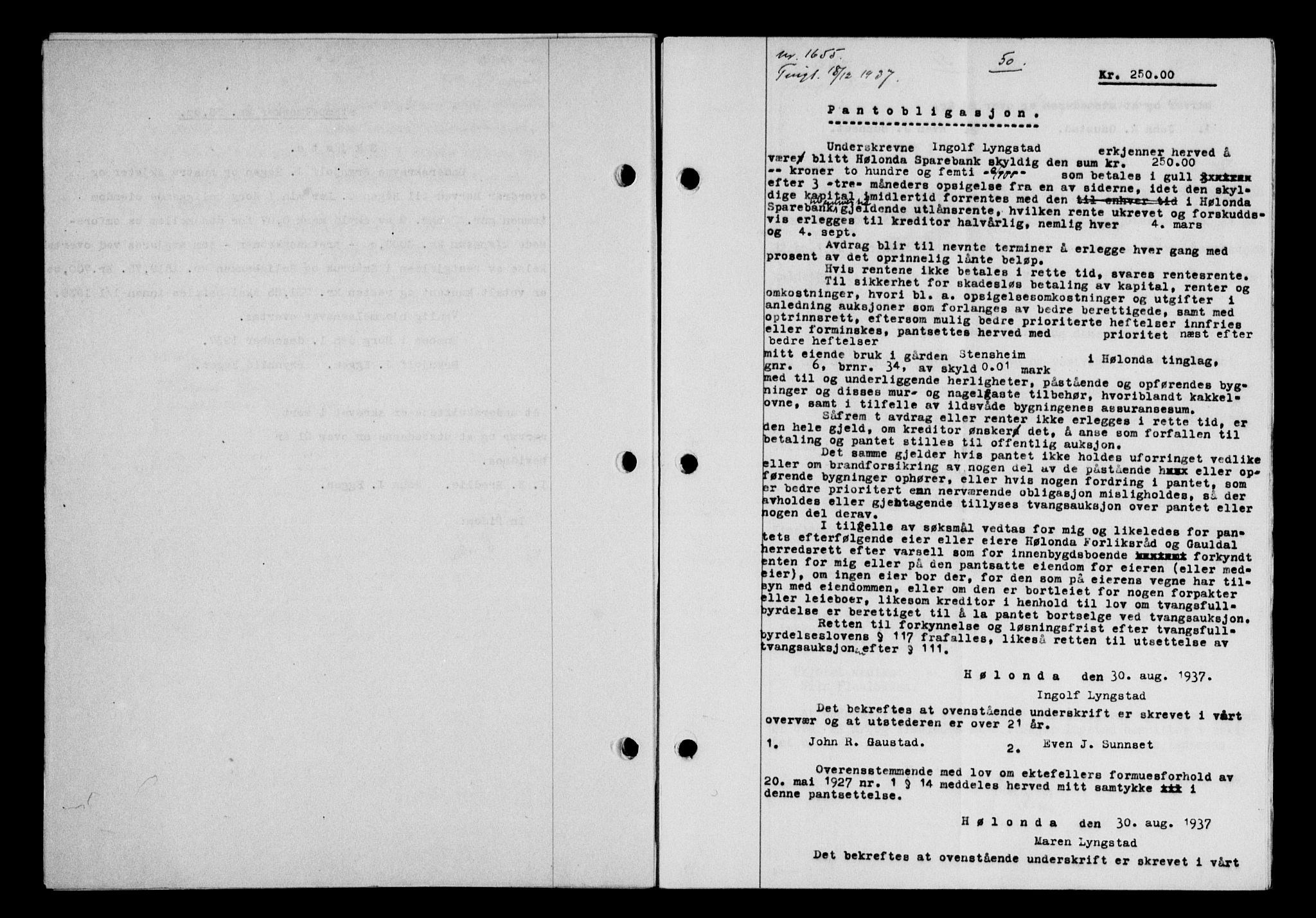 Gauldal sorenskriveri, SAT/A-0014/1/2/2C/L0048: Pantebok nr. 51-52, 1937-1938, s. 50, Dagboknr: 1655/1937