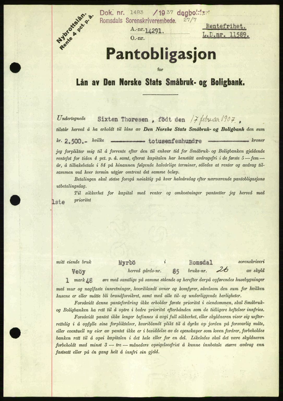 Romsdal sorenskriveri, SAT/A-4149/1/2/2C: Pantebok nr. B1, 1936-1939, Dagboknr: 1483/1937