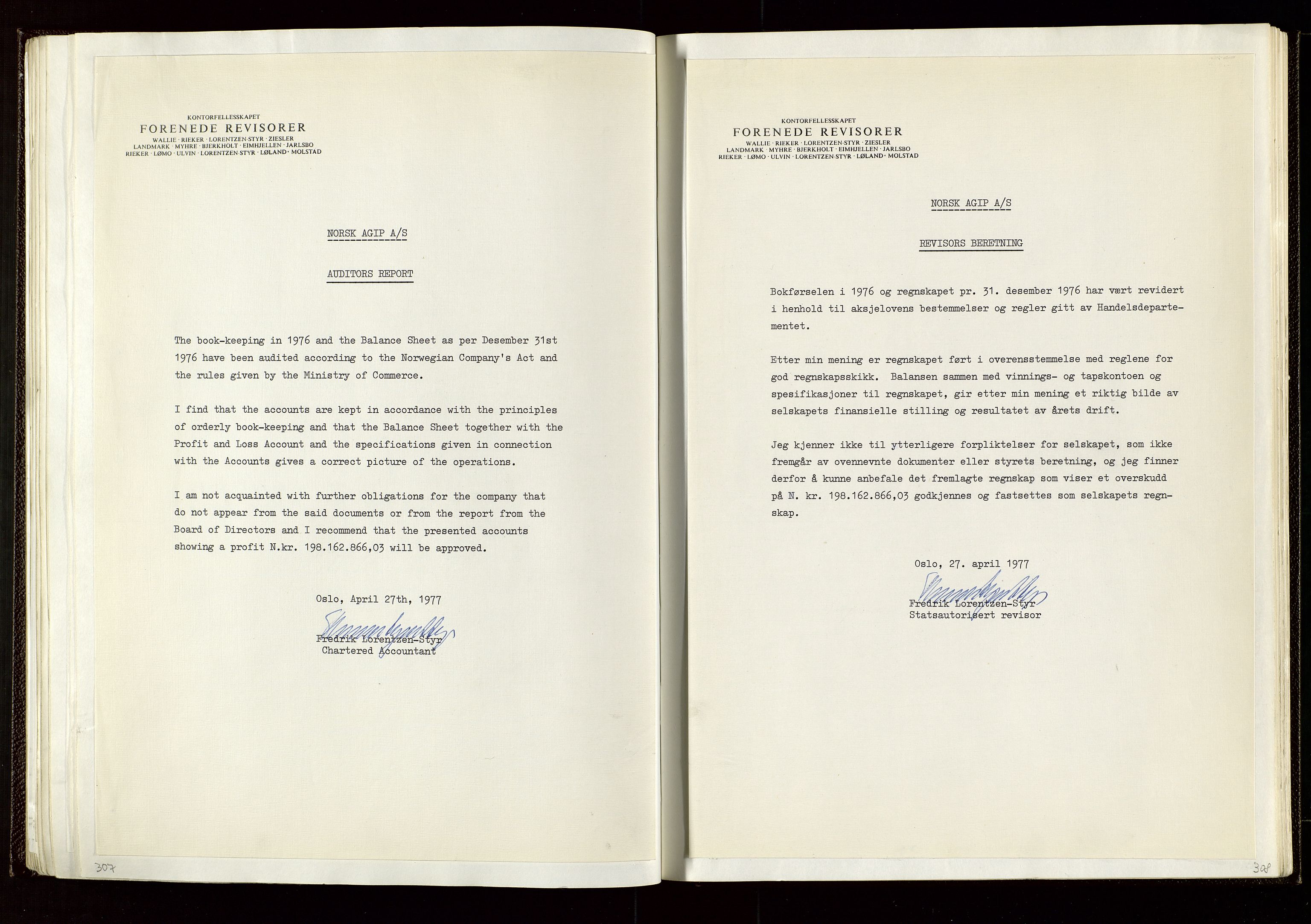 Pa 1583 - Norsk Agip AS, AV/SAST-A-102138/A/Aa/L0002: General assembly and Board of Directors meeting minutes, 1972-1979, s. 307-308