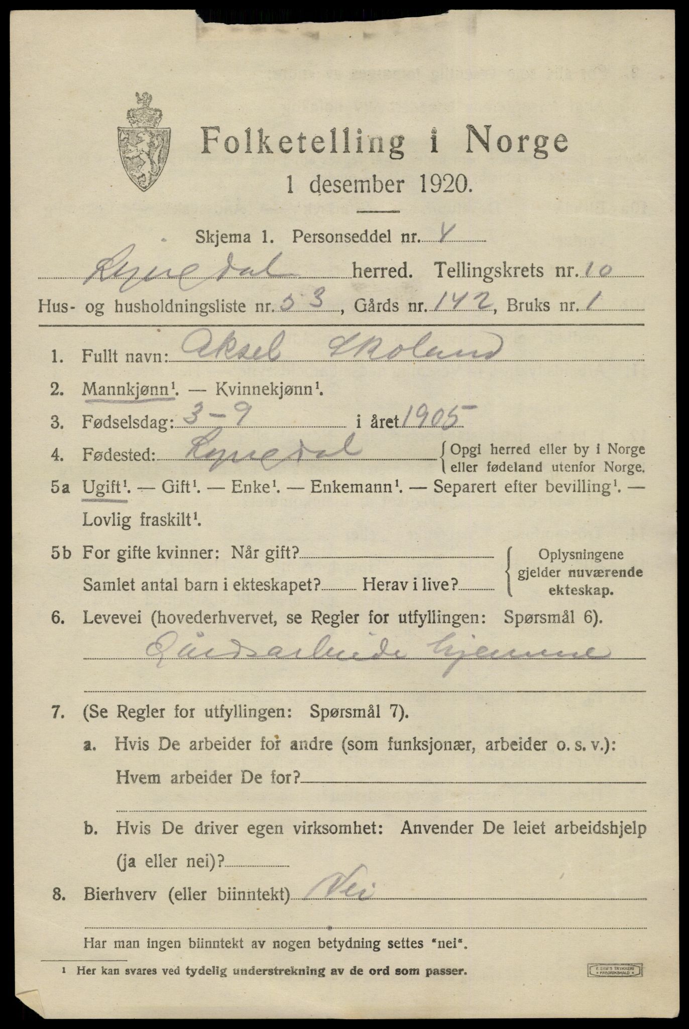 SAK, Folketelling 1920 for 1032 Lyngdal herred, 1920, s. 5279