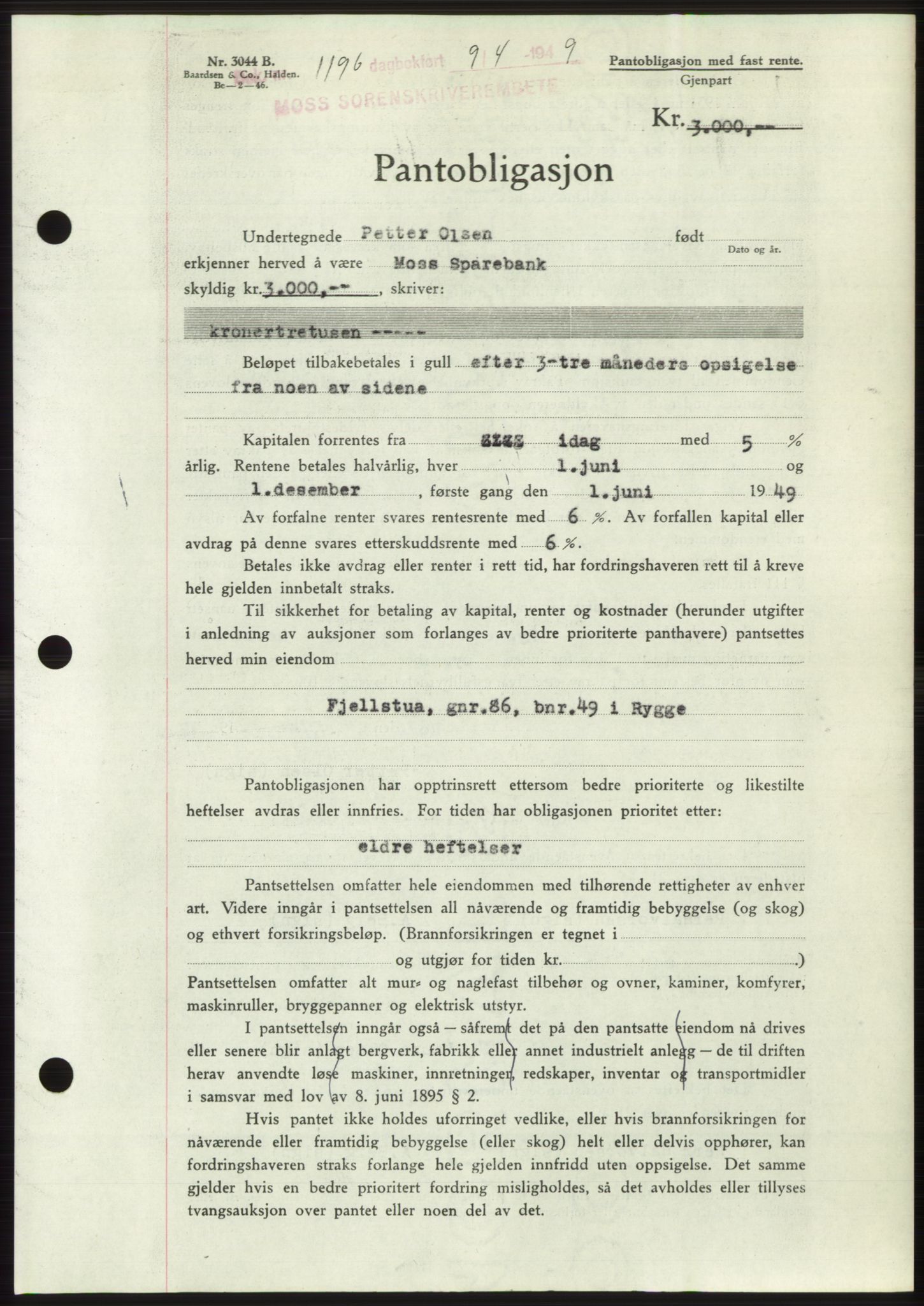Moss sorenskriveri, SAO/A-10168: Pantebok nr. B21, 1949-1949, Dagboknr: 1196/1949