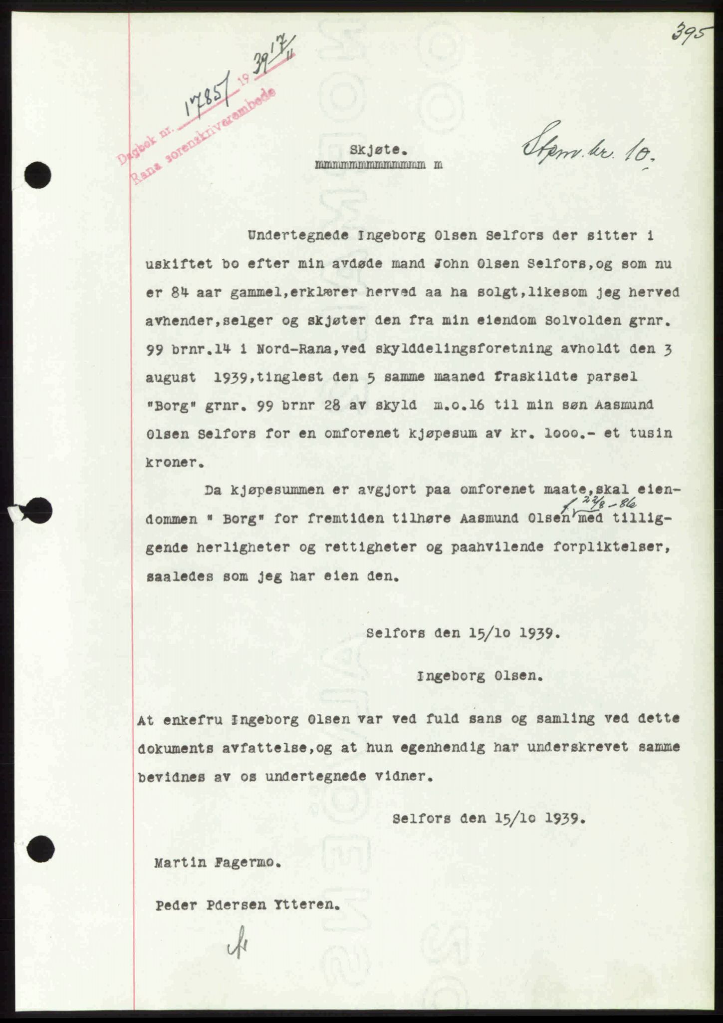 Rana sorenskriveri , SAT/A-1108/1/2/2C: Pantebok nr. A 6, 1939-1940, Dagboknr: 1785/1939