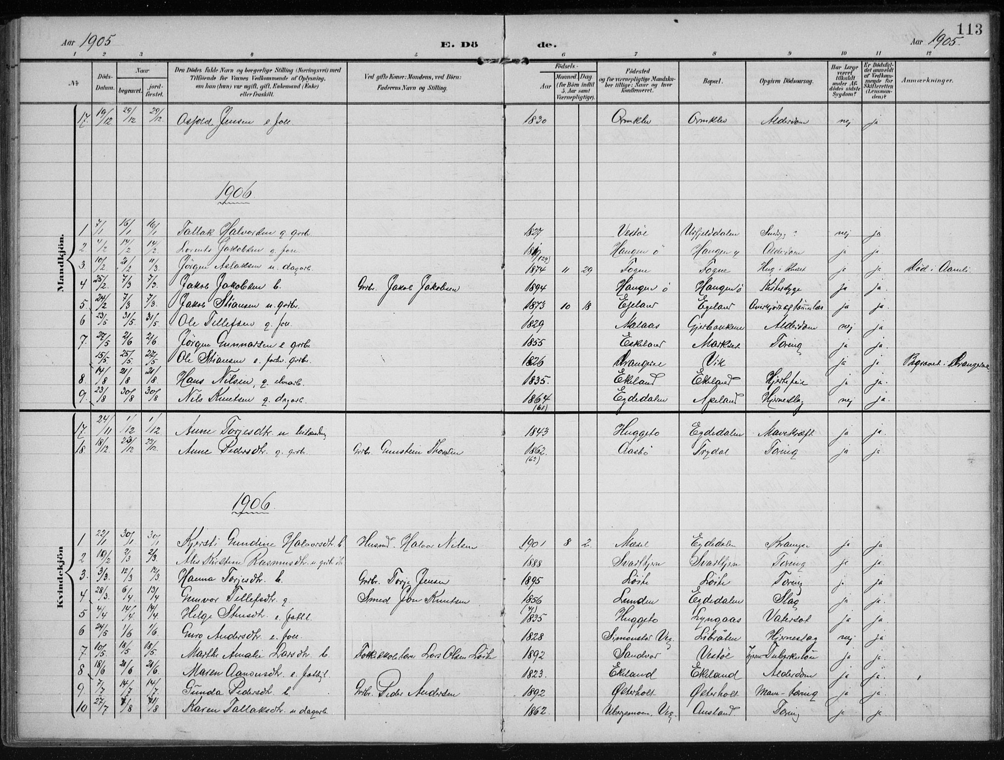 Gjerstad sokneprestkontor, SAK/1111-0014/F/Fa/Faa/L0011: Ministerialbok nr. A 11, 1903-1914, s. 113