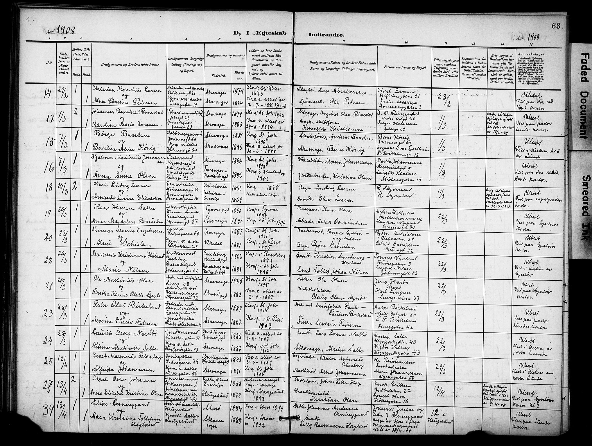 St. Johannes sokneprestkontor, AV/SAST-A-101814/001/30/30BB/L0005: Klokkerbok nr. B 5, 1901-1917, s. 63