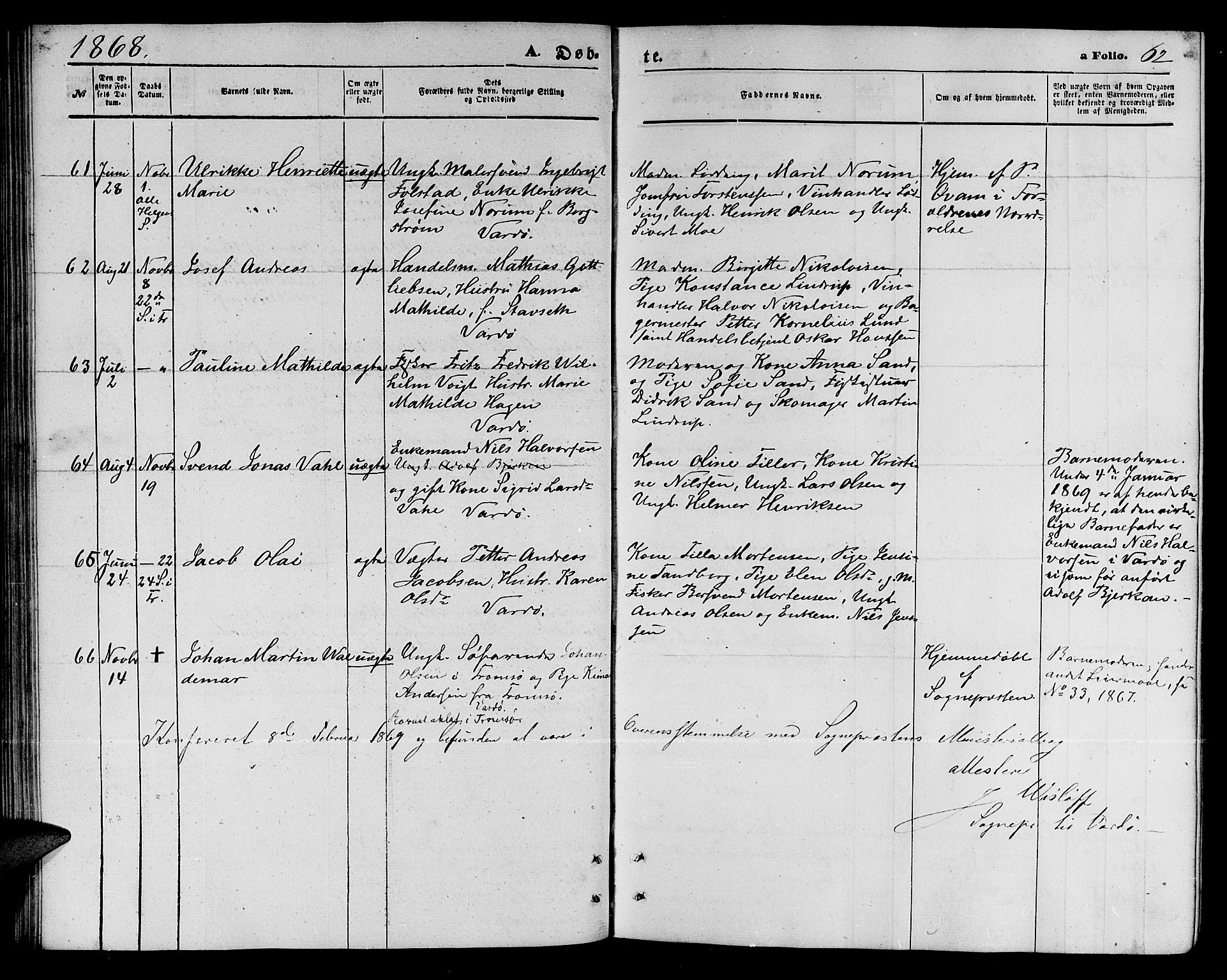 Vardø sokneprestkontor, AV/SATØ-S-1332/H/Hb/L0002klokker: Klokkerbok nr. 2, 1861-1870, s. 62