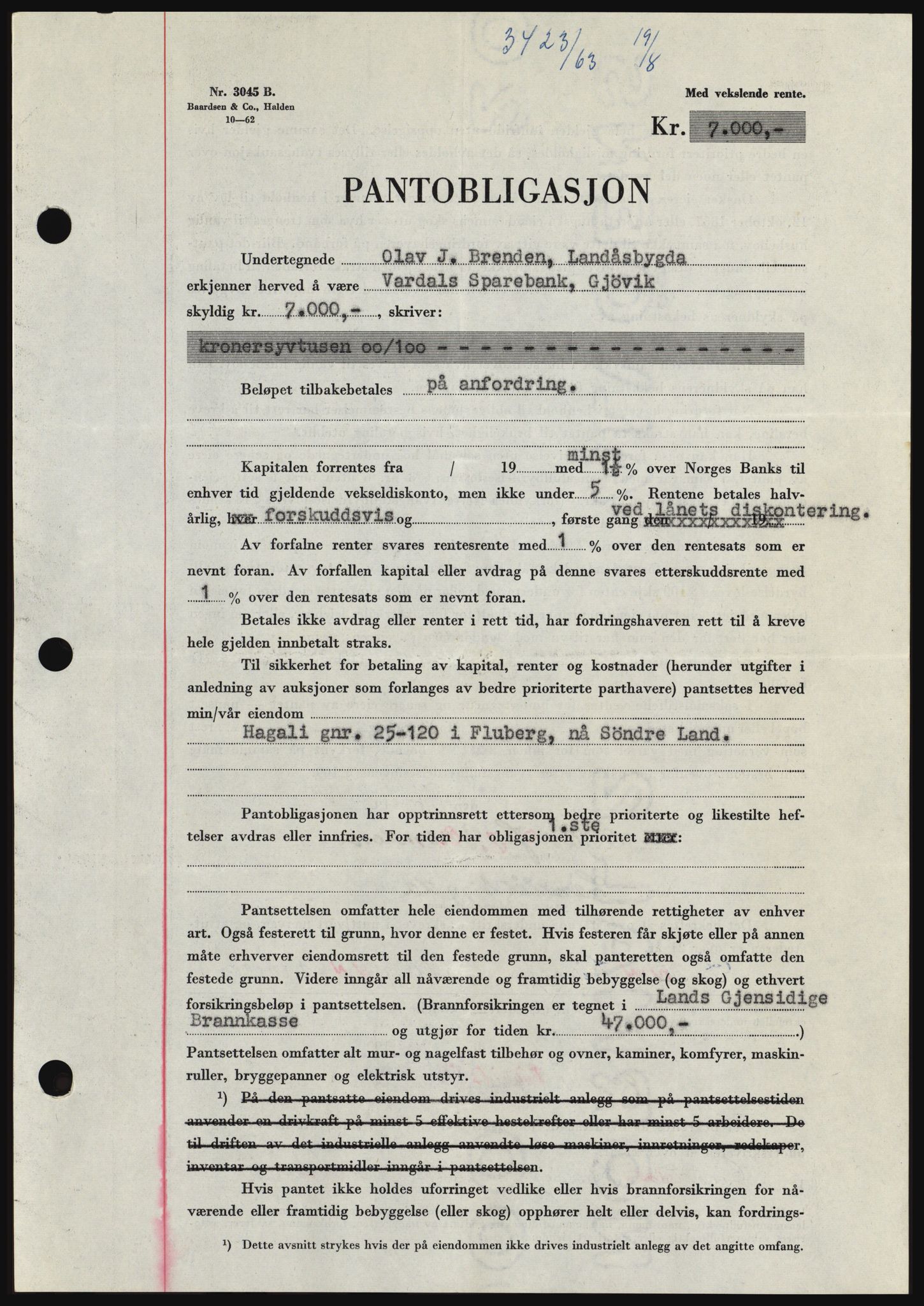 Hadeland og Land tingrett, SAH/TING-010/H/Hb/Hbc/L0052: Pantebok nr. B52, 1963-1963, Dagboknr: 3423/1963