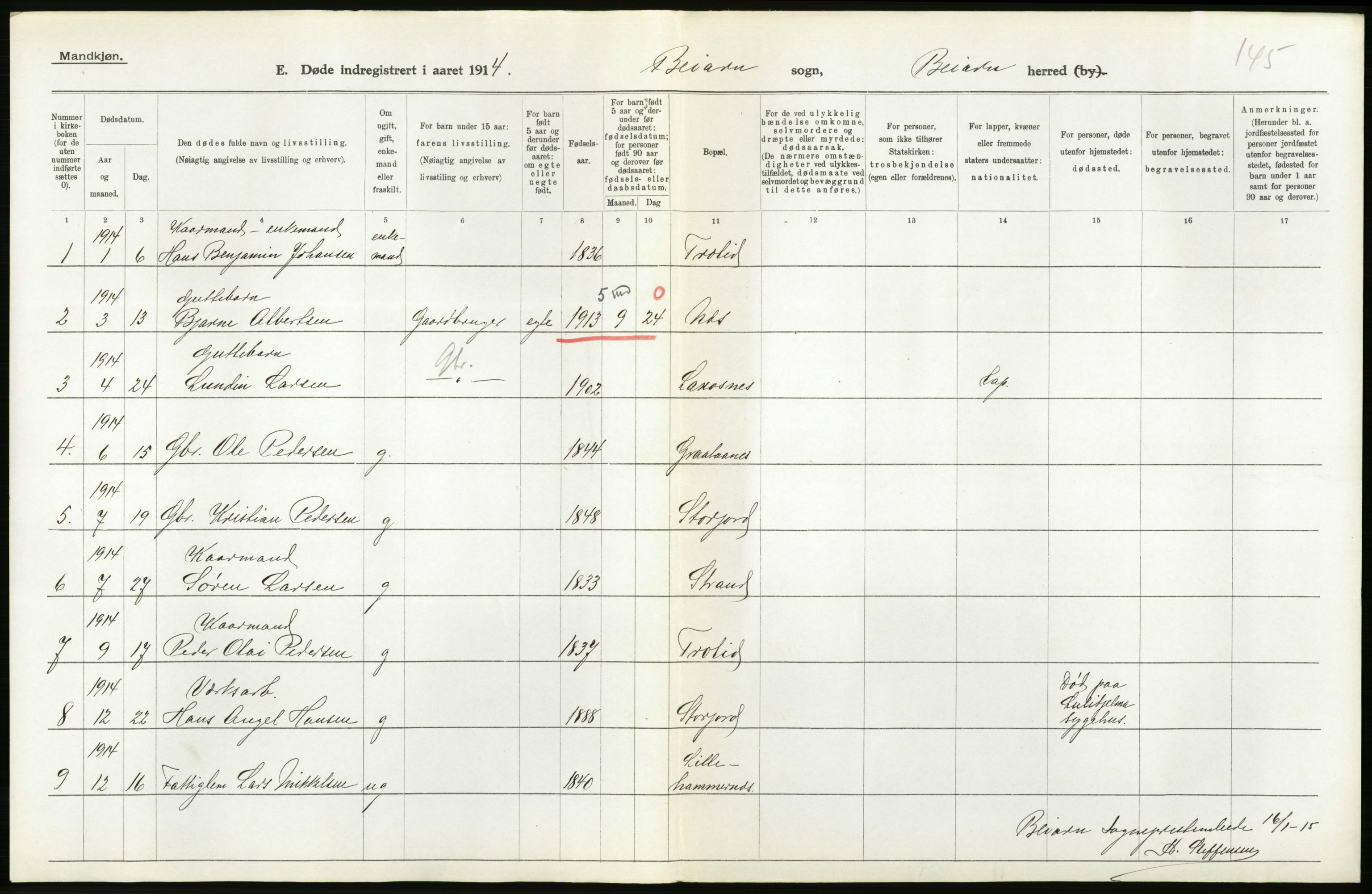 Statistisk sentralbyrå, Sosiodemografiske emner, Befolkning, AV/RA-S-2228/D/Df/Dfb/Dfbd/L0045: Nordlands amt: Døde. Bygder og byer., 1914, s. 8