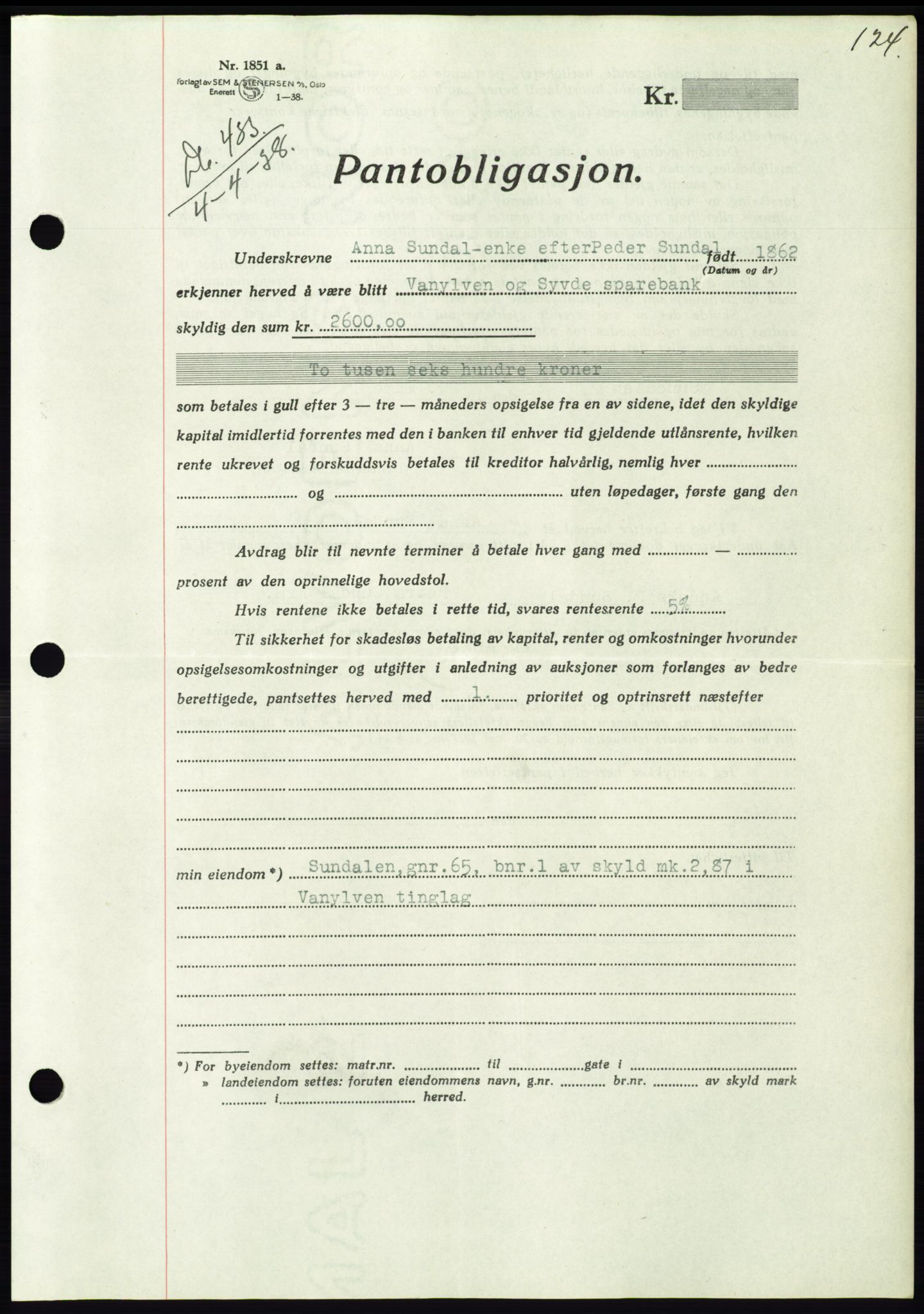 Søre Sunnmøre sorenskriveri, AV/SAT-A-4122/1/2/2C/L0065: Pantebok nr. 59, 1938-1938, Dagboknr: 433/1938