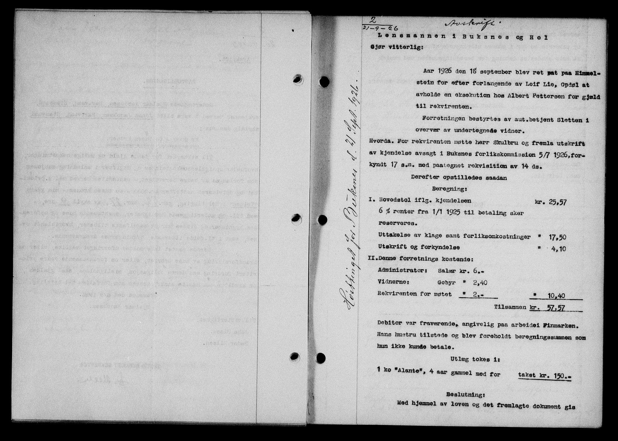 Lofoten sorenskriveri, SAT/A-0017/1/2/2C/L0014b: Pantebok nr. 14b, 1926-1926, Tingl.dato: 21.09.1926