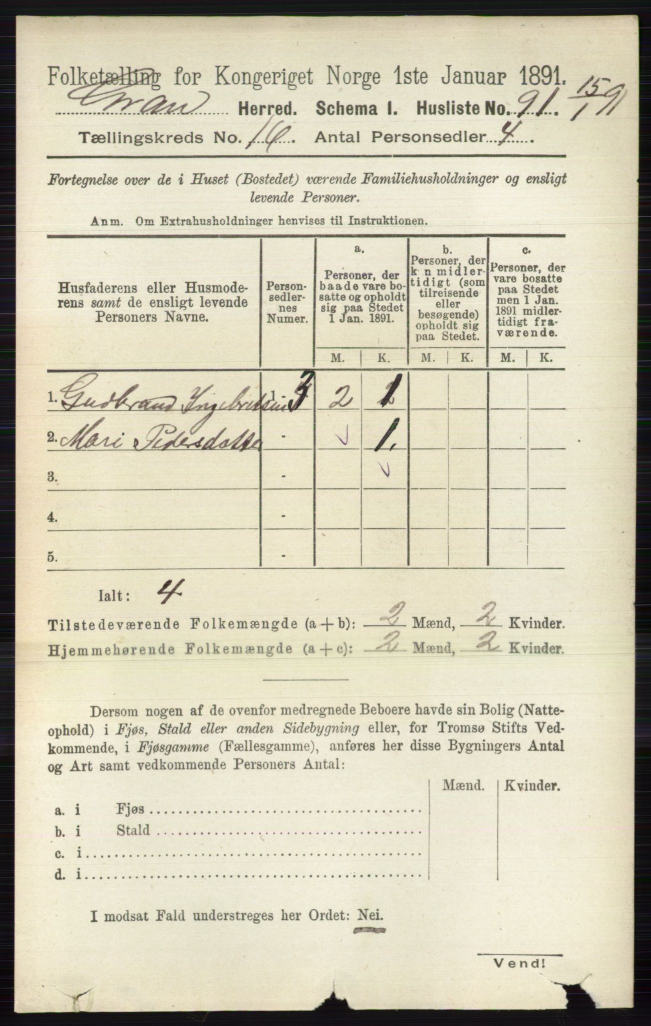 RA, Folketelling 1891 for 0534 Gran herred, 1891, s. 8101