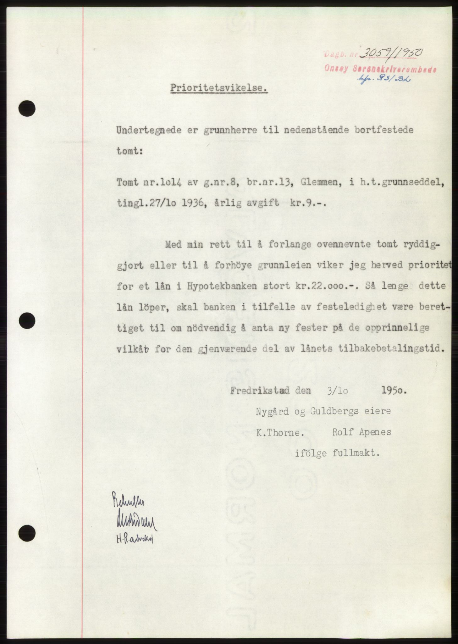 Onsøy sorenskriveri, SAO/A-10474/G/Ga/Gac/L0010: Pantebok nr. B 18-10, 1950-1950, Dagboknr: 3059/1950
