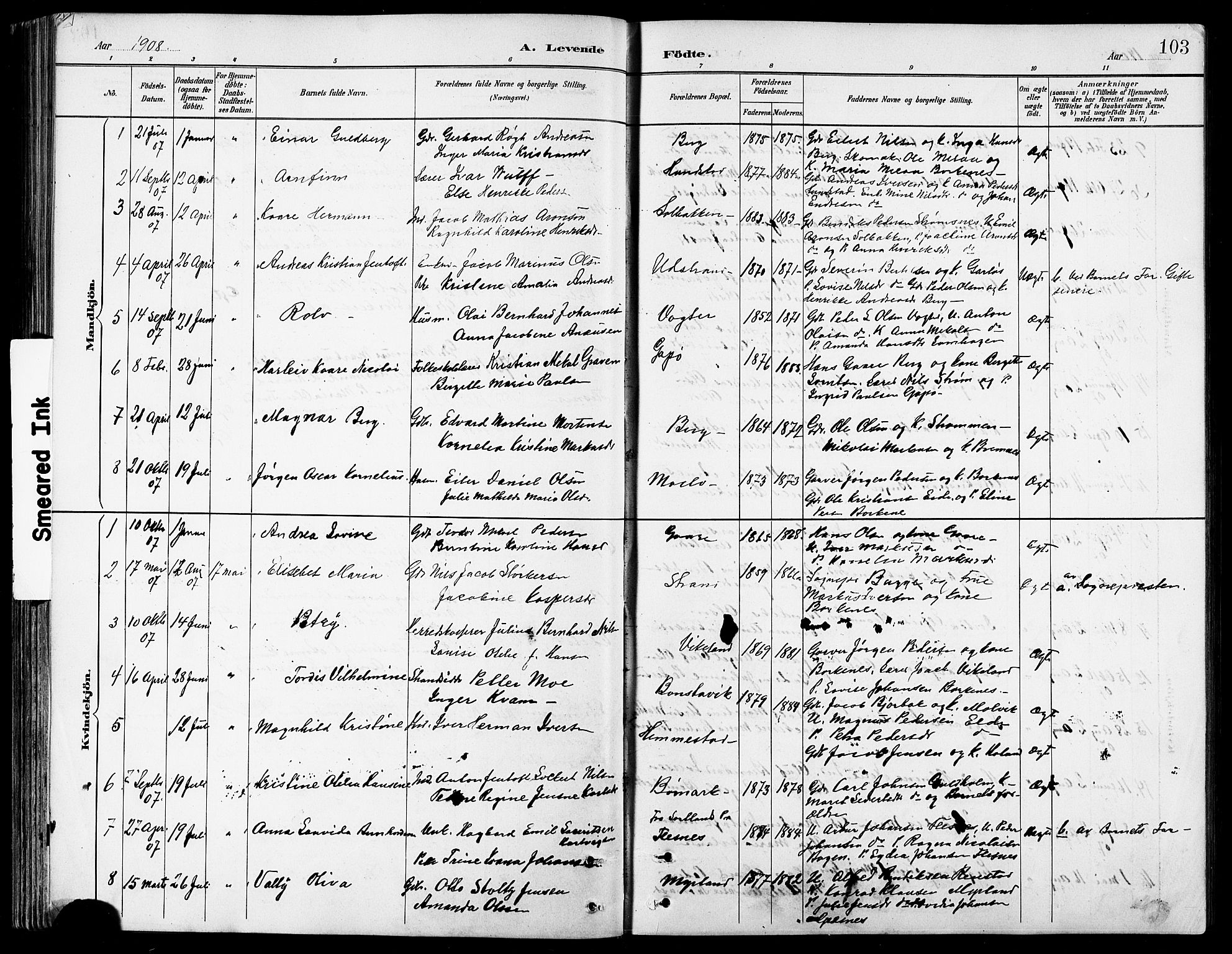 Kvæfjord sokneprestkontor, AV/SATØ-S-1323/G/Ga/Gab/L0005klokker: Klokkerbok nr. 5, 1886-1911, s. 103